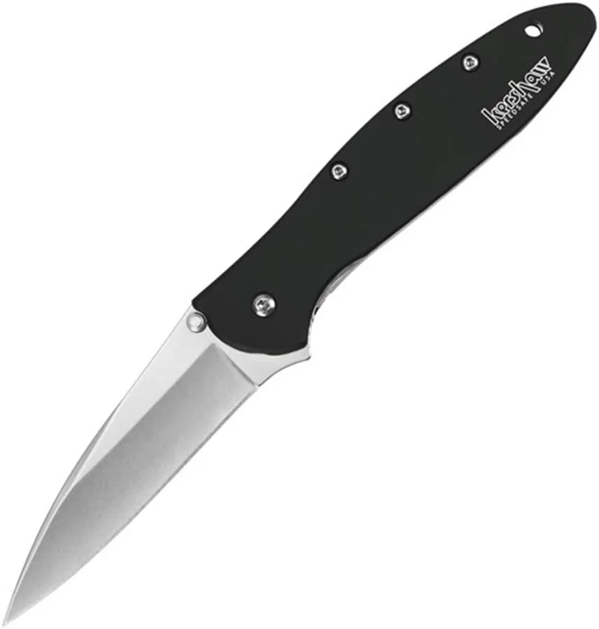 Kershaw Leek, Stonewashed Pocket Knife (1660SWBLK) 3 Stonewashed High-Performance Sandvik 14C28N Steel Blade, Black Anodized Aluminum Handle, SpeedSafe Assisted Opening, Liner and Tip Lock; 2.4 OZ