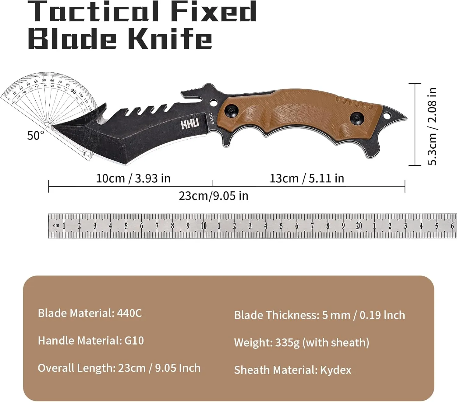 KHU Fixed Blade Knife Tactical, Hunting Knife Survival 440C Steel G10 Handle, Outdoor Hunting Camping Accessories Camping Gear With Kydex Sheath (Black-24A)
