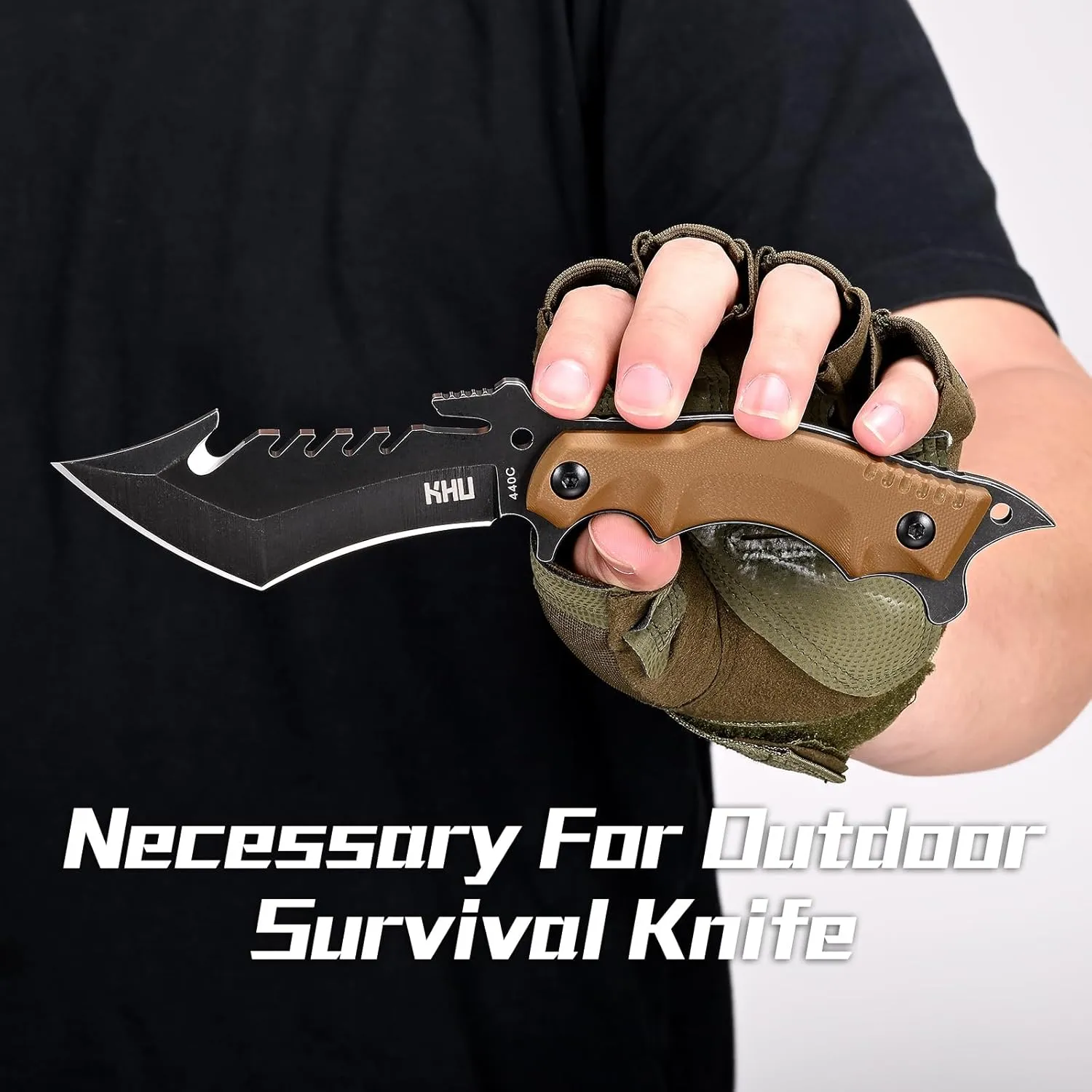 KHU Fixed Blade Knife Tactical, Hunting Knife Survival 440C Steel G10 Handle, Outdoor Hunting Camping Accessories Camping Gear With Kydex Sheath (Black-24A)