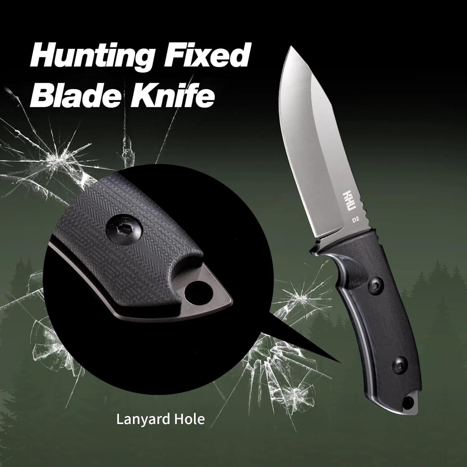 KHU Fixed Blade Knife Tactical, Hunting Knife Survival D2 Steel G10 Handle, Outdoor Hunting Camping Accessories Camping Gear With Kydex Sheath