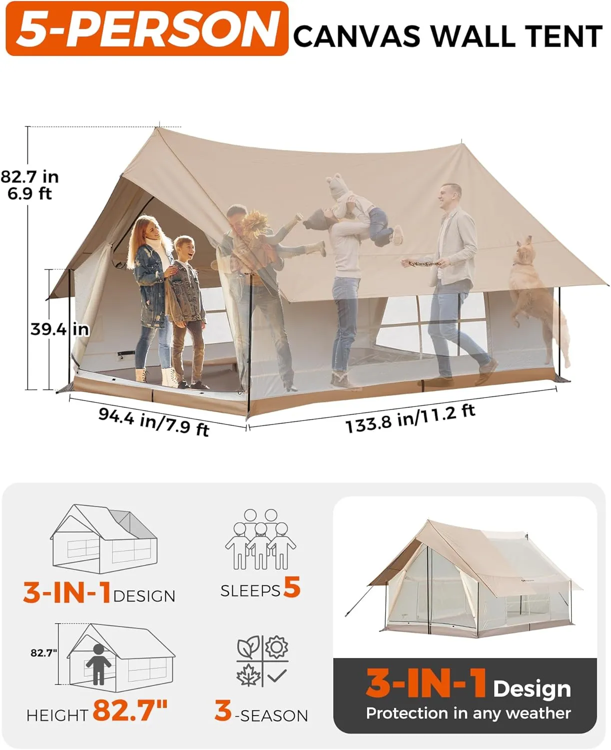 KingCamp Camping Tent 6-8 Person, Weatherproof Hot Tent Large Family Cabin Tents with Stove Jack, Waterproof & Windproof for Family Camping & Outdoor Parties