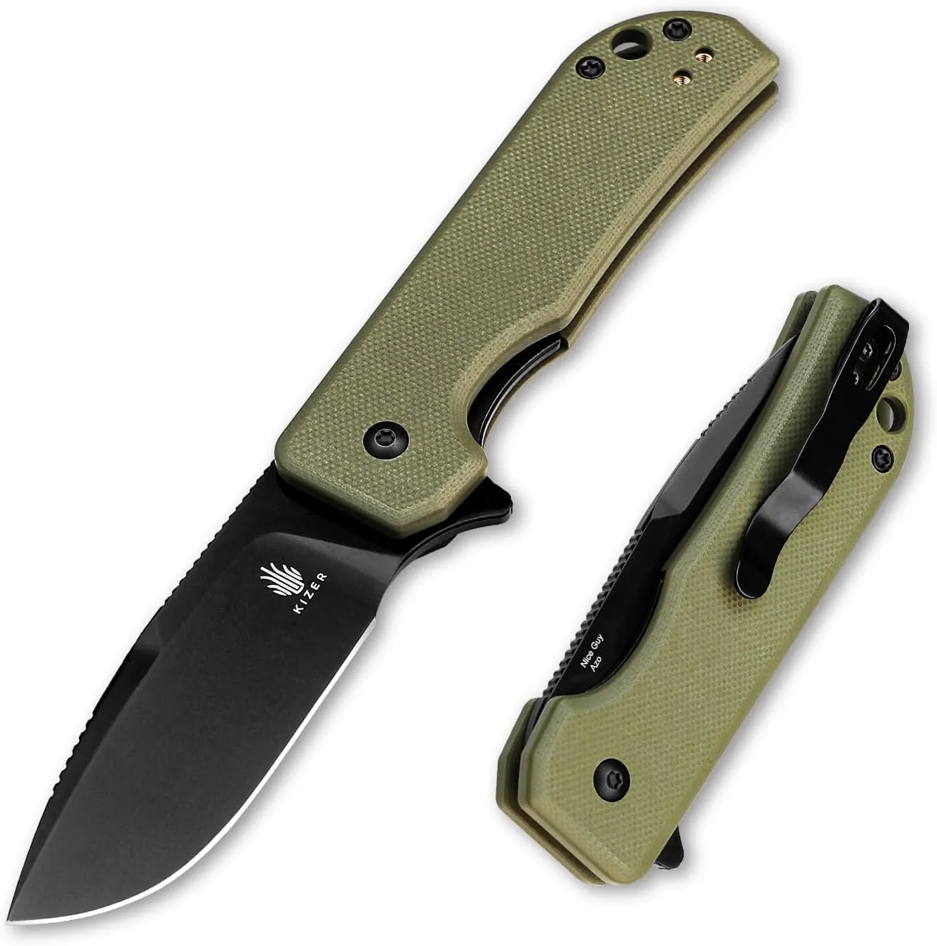 Kizer Nice Guy Pocket Folding Knife, 2.84"" Nitro V Blade, Lightweight Sharp Camping and Hiking Knife, G10 Handle, Liner Lock Flipper Knife V3011A1, Green