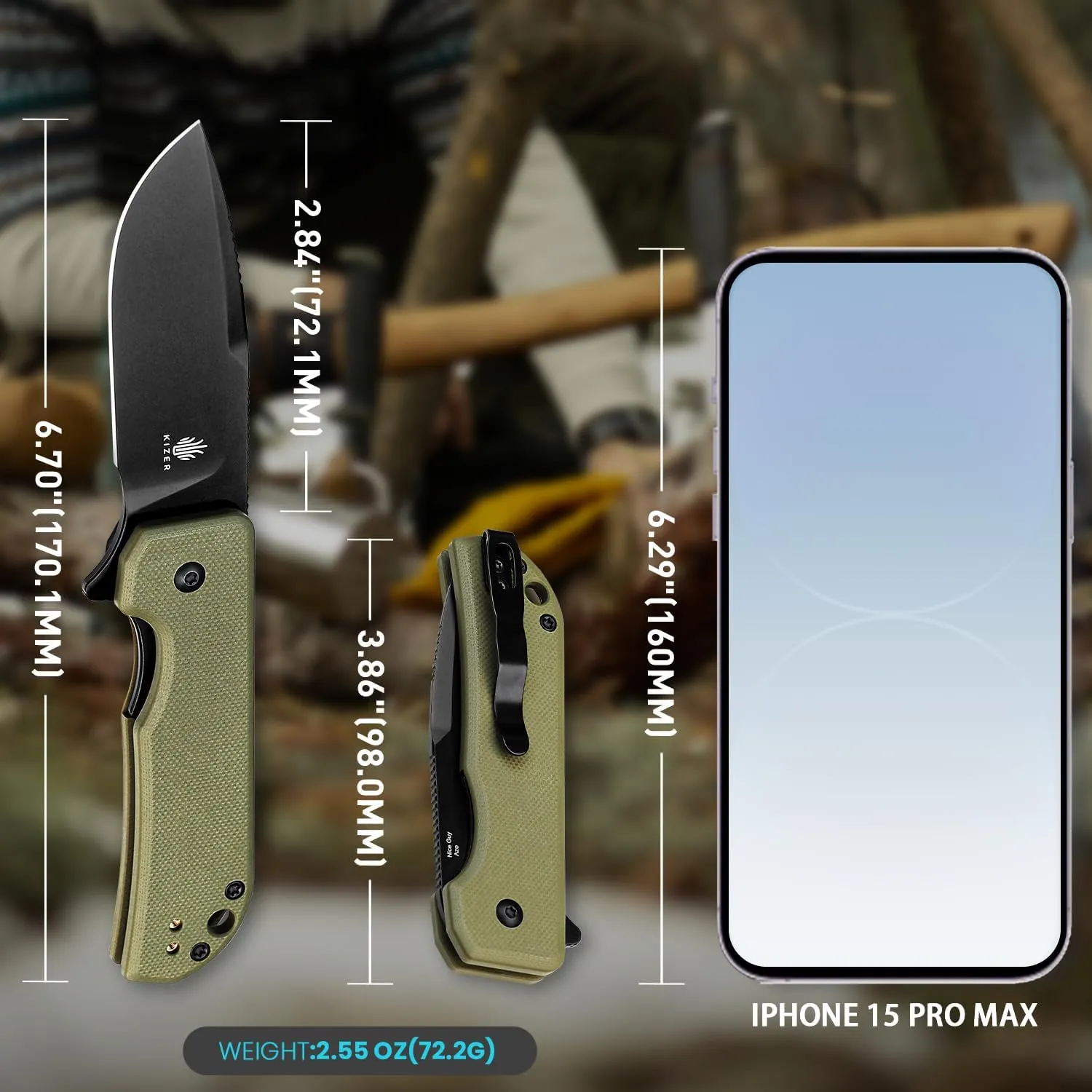 Kizer Nice Guy Pocket Folding Knife, 2.84"" Nitro V Blade, Lightweight Sharp Camping and Hiking Knife, G10 Handle, Liner Lock Flipper Knife V3011A1, Green