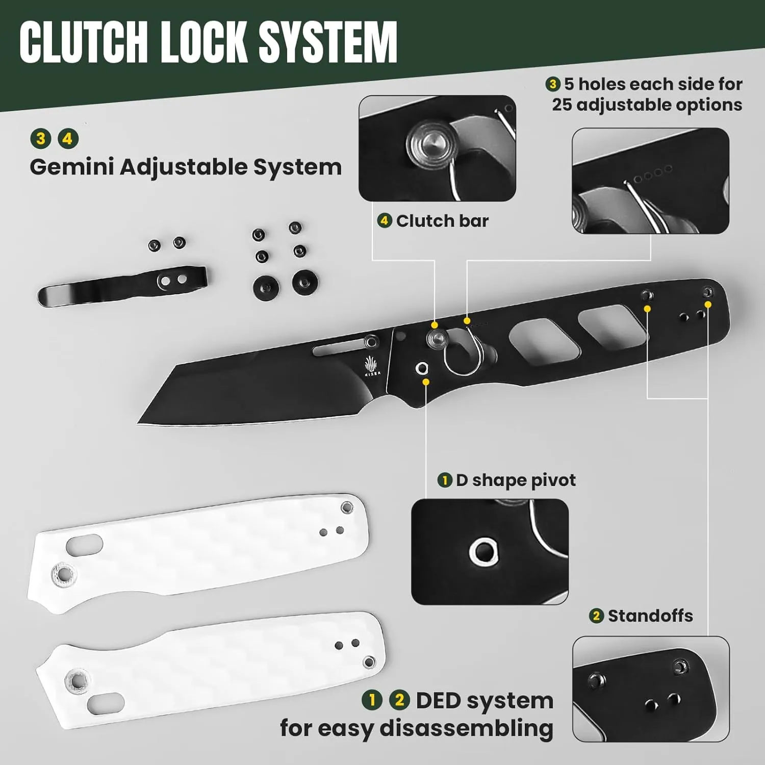 Kizer Task Pocket Knife, 3.04 Inch Nitro V Sheepsfoot Blade EDC Knife with Customized Clutch Lock, Small White G10 Handle Folding Knives with Clip, Thumb Stud Opener Hunting Camping Knives, V3641A1