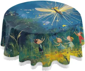 KLL Children Chasing Fireflies Personalized Round Table Cover Washable Plastic Tablecloth Round 60 in for Holiday Reception Banquet Birthday