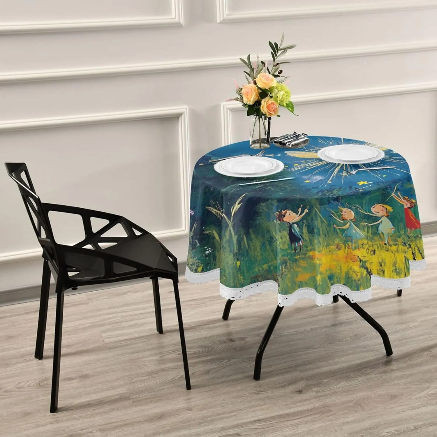 KLL Children Chasing Fireflies Personalized Round Table Cover Washable Plastic Tablecloth Round 60 in for Holiday Reception Banquet Birthday