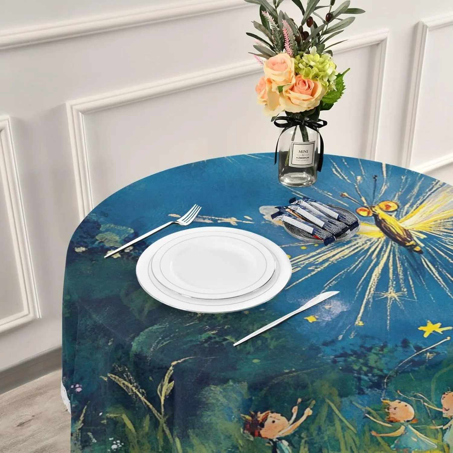 KLL Children Chasing Fireflies Personalized Round Table Cover Washable Plastic Tablecloth Round 60 in for Holiday Reception Banquet Birthday