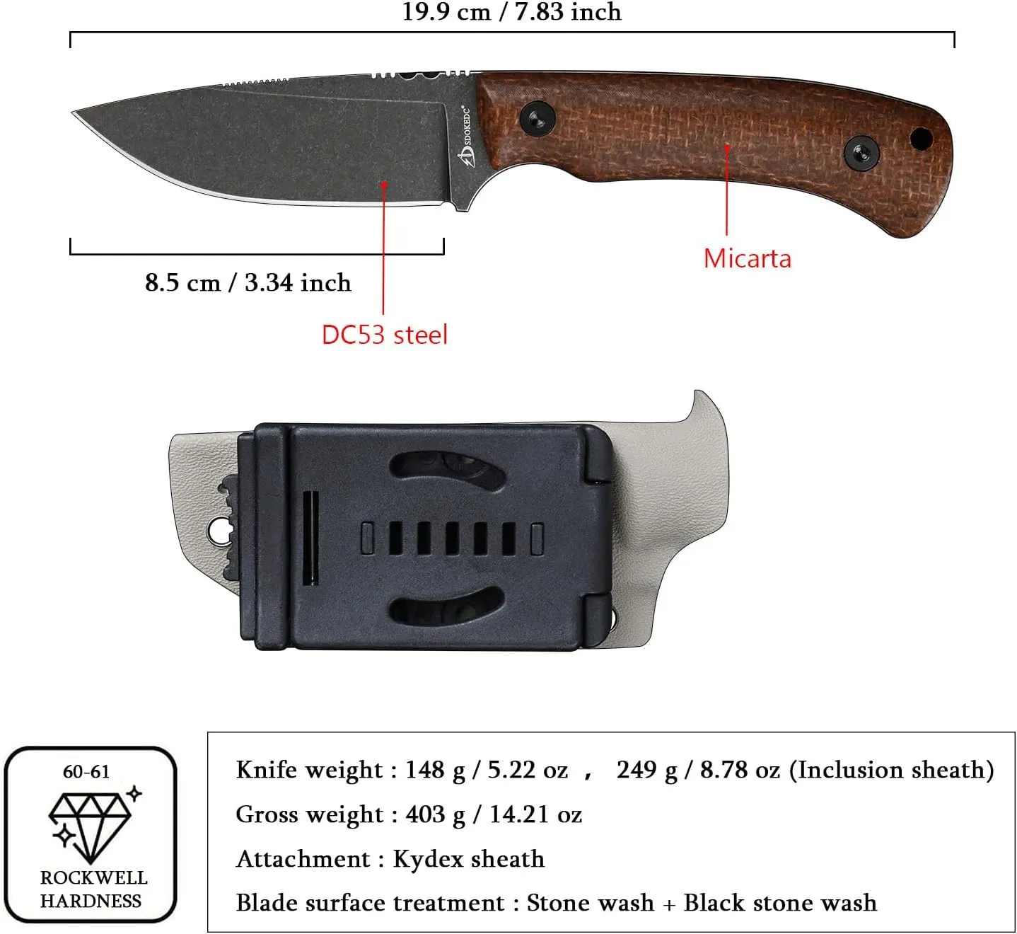 Knives DC53 Steel Tactical Hunting Fixed Blade Knife Micarta Handle with kydex sheath for Men EDC Outdoor Camping Survival (Black stone wash Micarta handle)