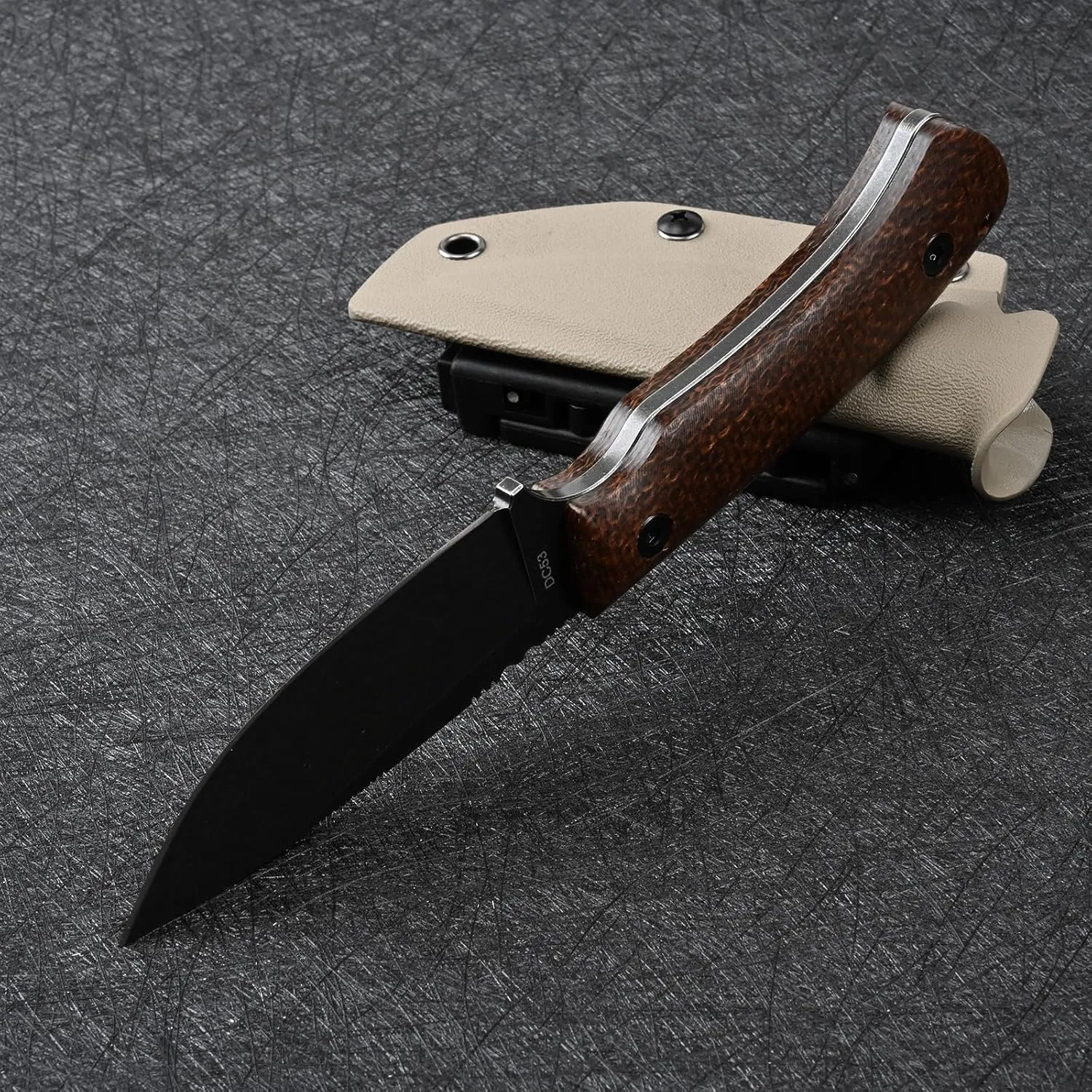 Knives DC53 Steel Tactical Hunting Fixed Blade Knife Micarta Handle with kydex sheath for Men EDC Outdoor Camping Survival (Black stone wash Micarta handle)