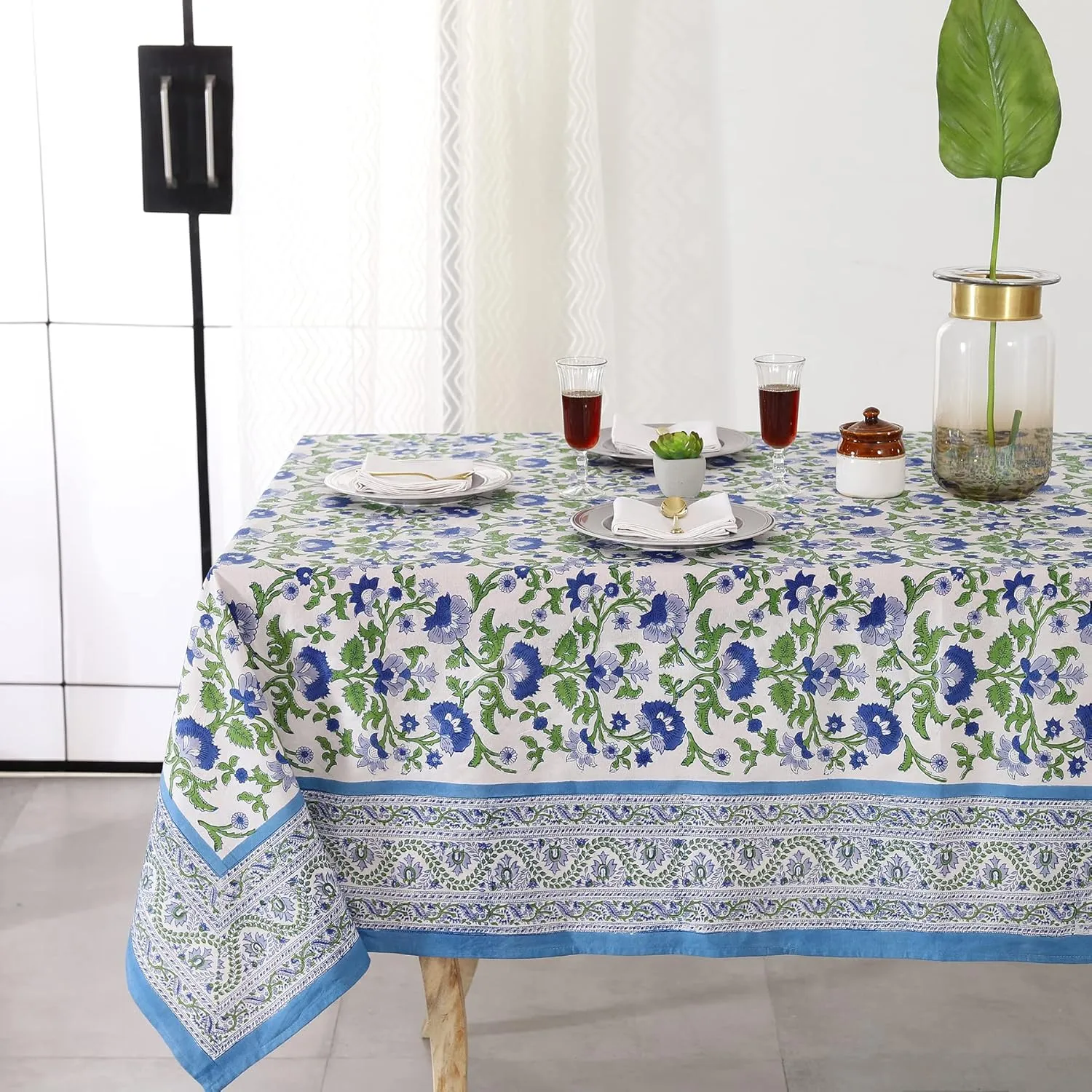 Labhanshi Indian Block Print Cotton Floral Table Cloth|8-Seater 72x108 Inch Rectangle Fade-Resistant Dinner Picnic Table Cloth|Parties Wedding Spring Easter Table Top Decor|Blue Garden