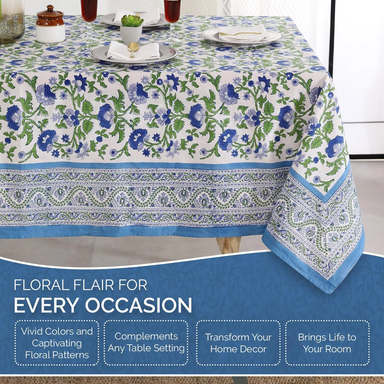 Labhanshi Indian Block Print Cotton Floral Table Cloth|8-Seater 72x108 Inch Rectangle Fade-Resistant Dinner Picnic Table Cloth|Parties Wedding Spring Easter Table Top Decor|Blue Garden