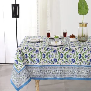 Labhanshi Indian Block Print Cotton Floral Table Cloth|8-Seater 72x108 Inch Rectangle Fade-Resistant Dinner Picnic Table Cloth|Parties Wedding Spring Easter Table Top Decor|Blue Garden