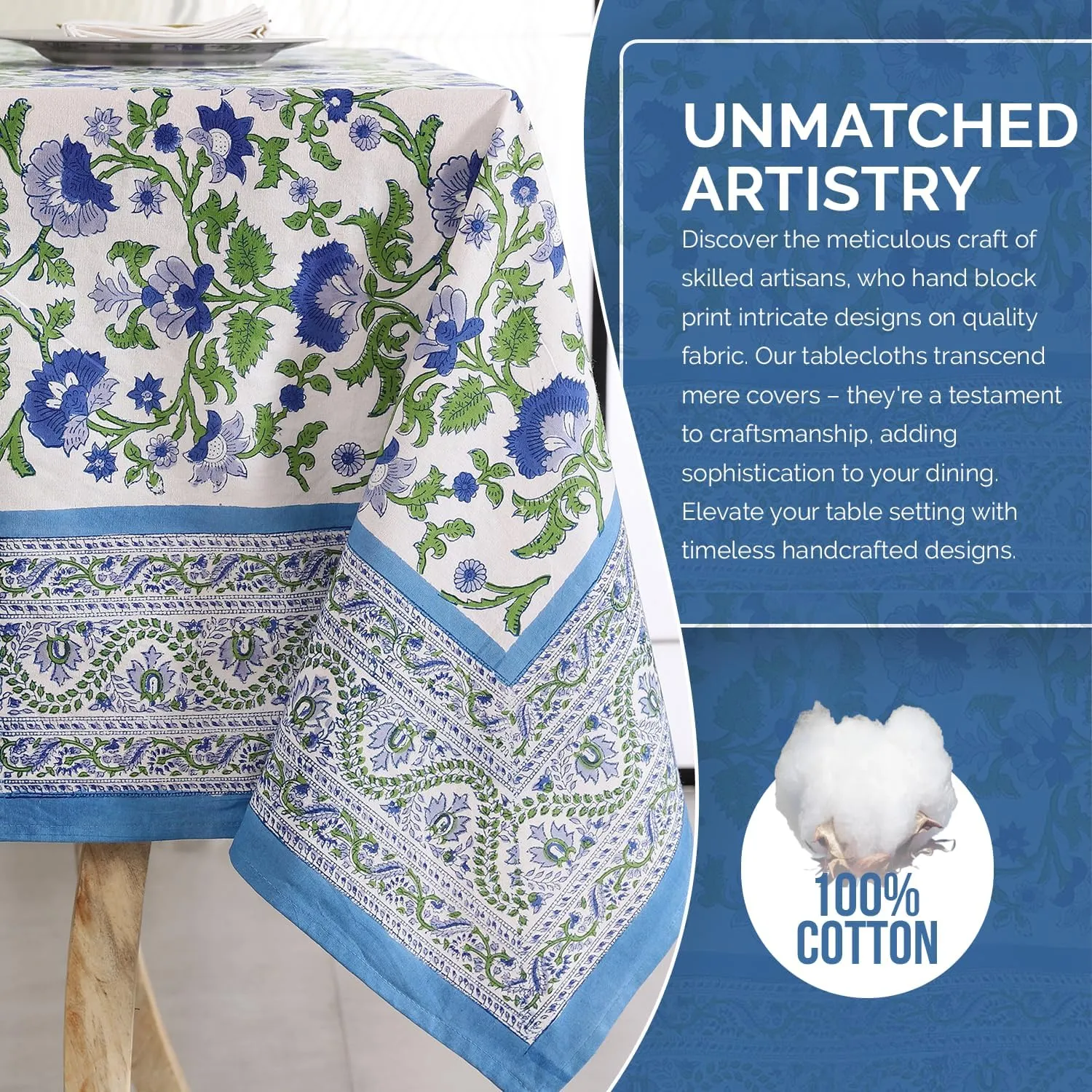 Labhanshi Indian Block Print Cotton Floral Table Cloth|8-Seater 72x108 Inch Rectangle Fade-Resistant Dinner Picnic Table Cloth|Parties Wedding Spring Easter Table Top Decor|Blue Garden