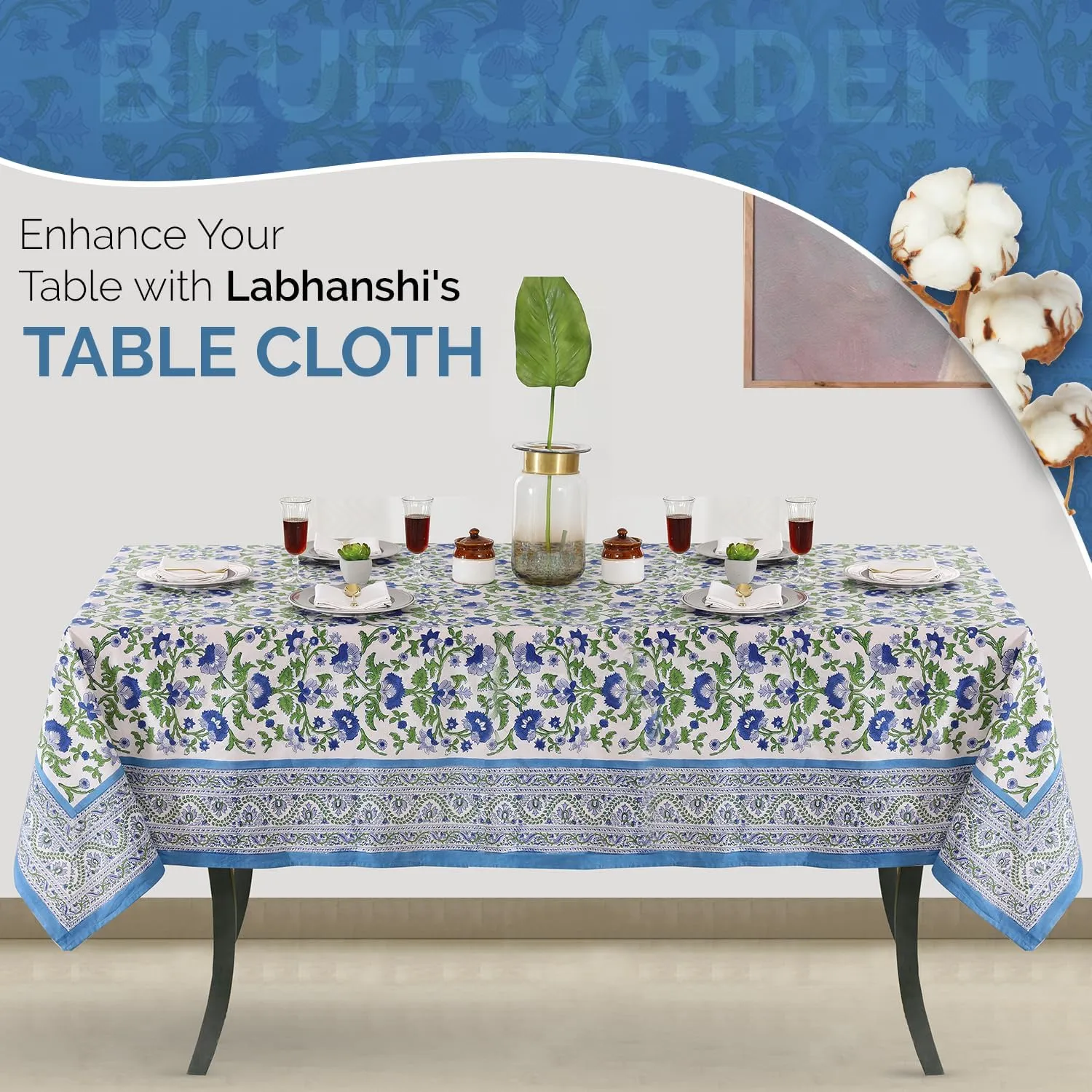 Labhanshi Indian Block Print Cotton Floral Table Cloth|8-Seater 72x108 Inch Rectangle Fade-Resistant Dinner Picnic Table Cloth|Parties Wedding Spring Easter Table Top Decor|Blue Garden