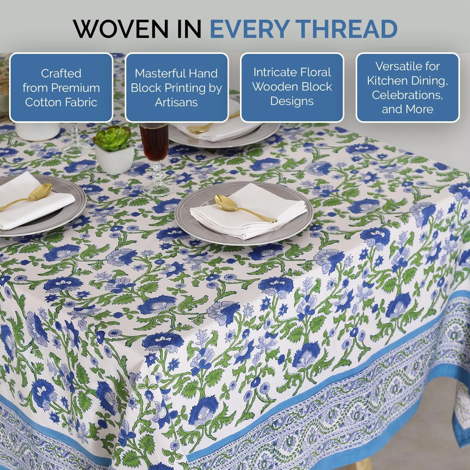Labhanshi Indian Block Print Cotton Floral Table Cloth|8-Seater 72x108 Inch Rectangle Fade-Resistant Dinner Picnic Table Cloth|Parties Wedding Spring Easter Table Top Decor|Blue Garden