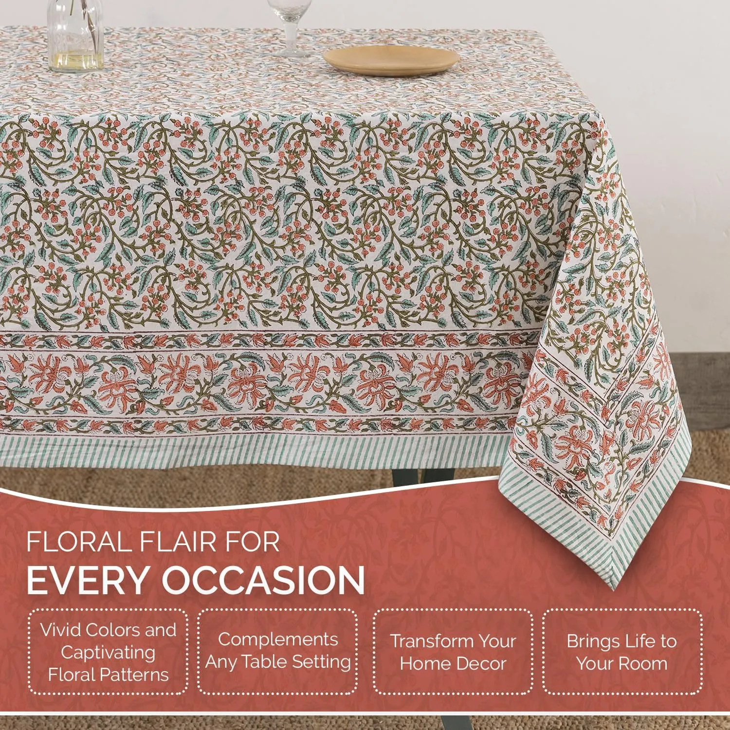 Labhanshi Indian Handblock Print Floral 100% Cotton Pre-Washed Canvas Rectangle Table Cloth|72x135 Inch 10-Seater Large Decorative Table Cover|Spring Easter Festive Holiday Decor|Berry Pink