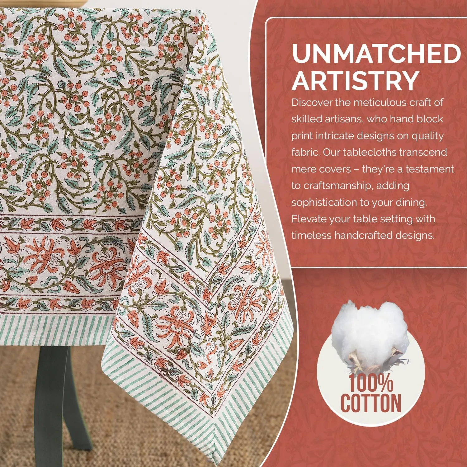 Labhanshi Indian Handblock Print Floral 100% Cotton Pre-Washed Canvas Rectangle Table Cloth|72x135 Inch 10-Seater Large Decorative Table Cover|Spring Easter Festive Holiday Decor|Berry Pink