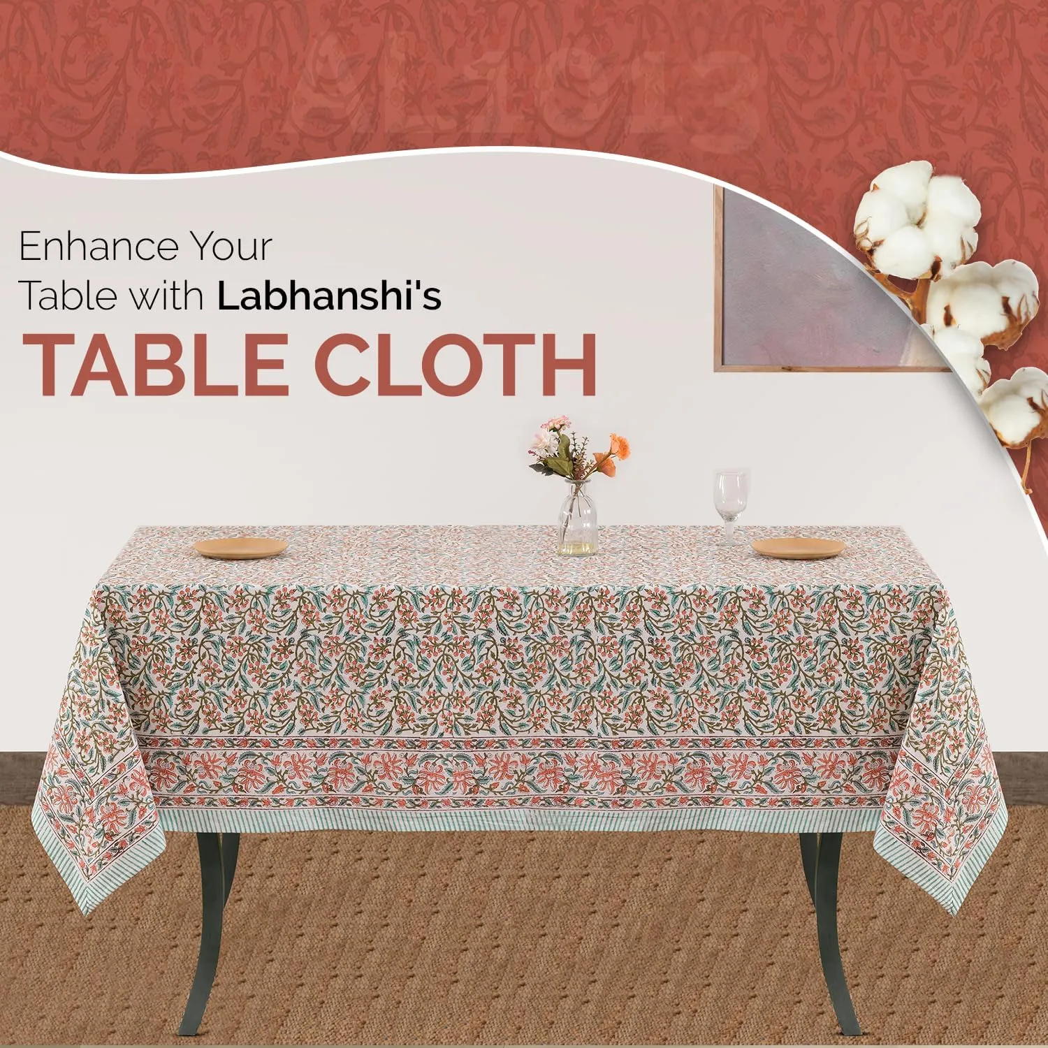 Labhanshi Indian Handblock Print Floral 100% Cotton Pre-Washed Canvas Rectangle Table Cloth|72x135 Inch 10-Seater Large Decorative Table Cover|Spring Easter Festive Holiday Decor|Berry Pink
