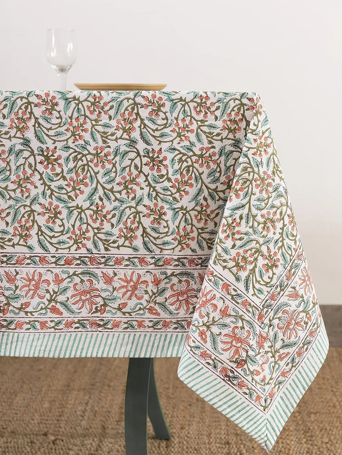 Labhanshi Indian Handblock Print Floral 100% Cotton Pre-Washed Canvas Rectangle Table Cloth|72x135 Inch 10-Seater Large Decorative Table Cover|Spring Easter Festive Holiday Decor|Berry Pink