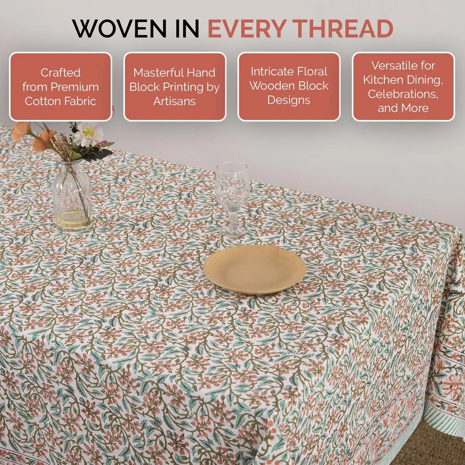 Labhanshi Indian Handblock Print Floral 100% Cotton Pre-Washed Canvas Rectangle Table Cloth|72x135 Inch 10-Seater Large Decorative Table Cover|Spring Easter Festive Holiday Decor|Berry Pink