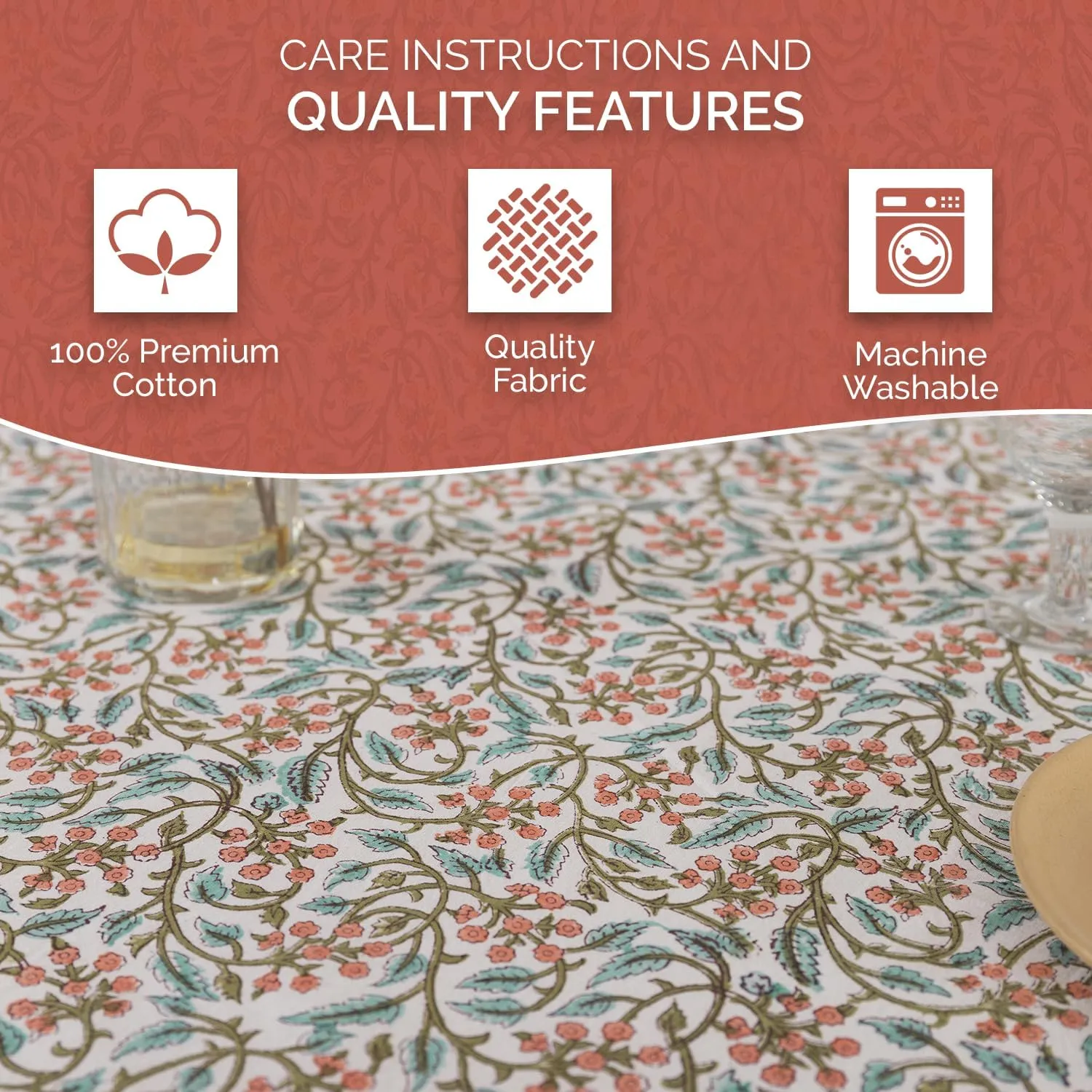Labhanshi Indian Handblock Print Floral 100% Cotton Pre-Washed Canvas Rectangle Table Cloth|72x135 Inch 10-Seater Large Decorative Table Cover|Spring Easter Festive Holiday Decor|Berry Pink