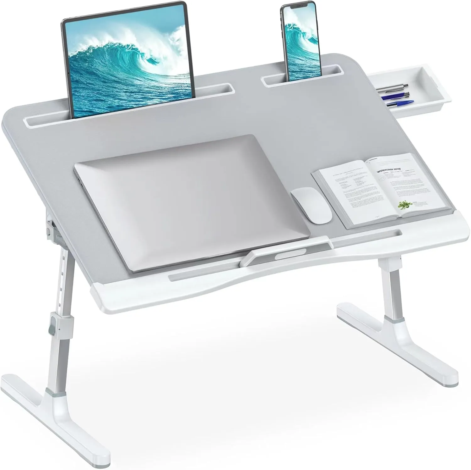 Laptop Desk for Bed, Adjustable Bed Table with Leather Desktop, Foldable X-Large Laptop Bed Trays with Drawer for Bed Couch Floor Writing Working Reading Eating Painting (Gray, 23.6"×15.7")