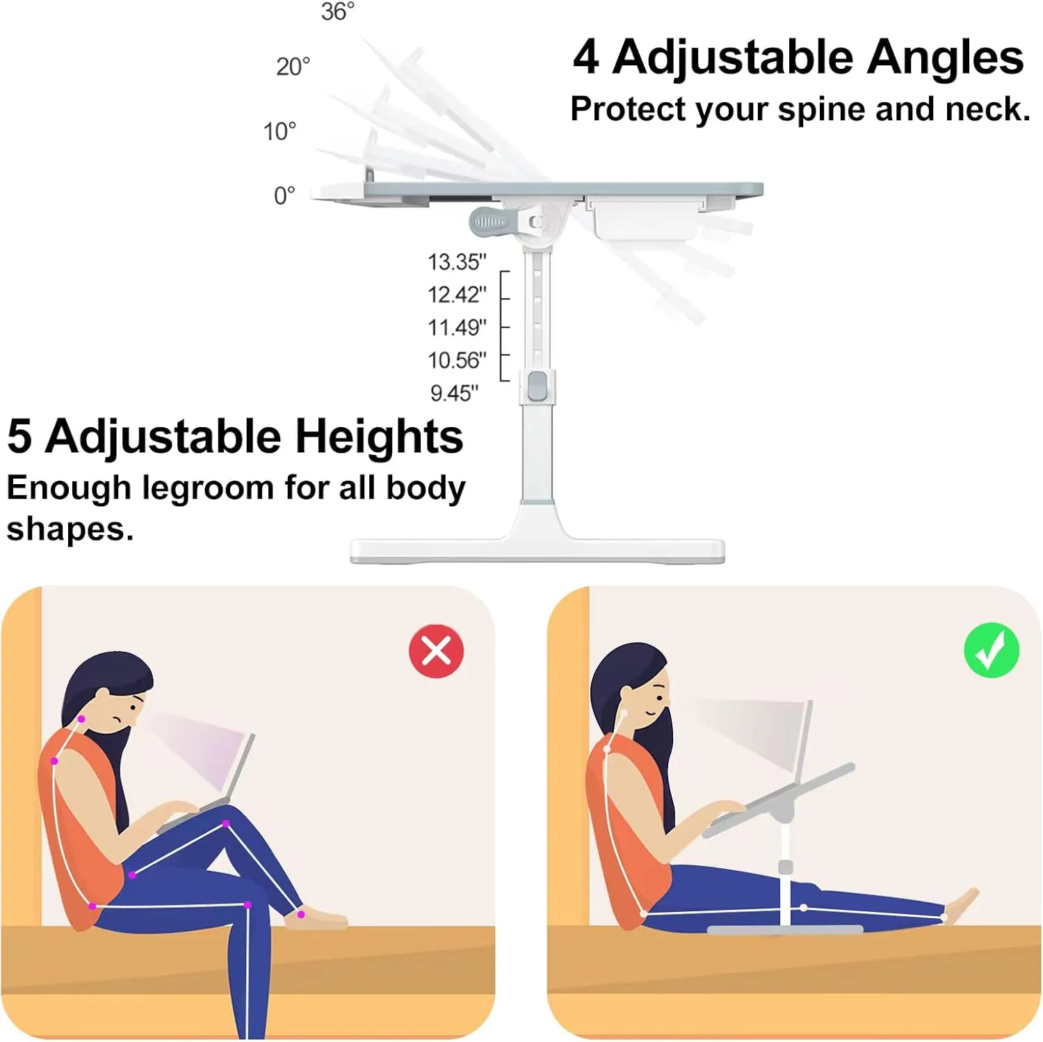 Laptop Desk for Bed, Adjustable Bed Table with Leather Desktop, Foldable X-Large Laptop Bed Trays with Drawer for Bed Couch Floor Writing Working Reading Eating Painting (Gray, 23.6"×15.7")