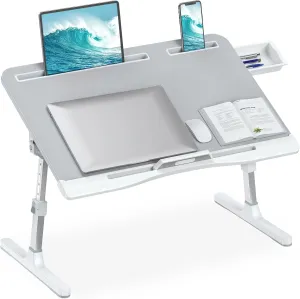 Laptop Desk for Bed, Adjustable Bed Table with Leather Desktop, Foldable X-Large Laptop Bed Trays with Drawer for Bed Couch Floor Writing Working Reading Eating Painting (Gray, 23.6"×15.7")