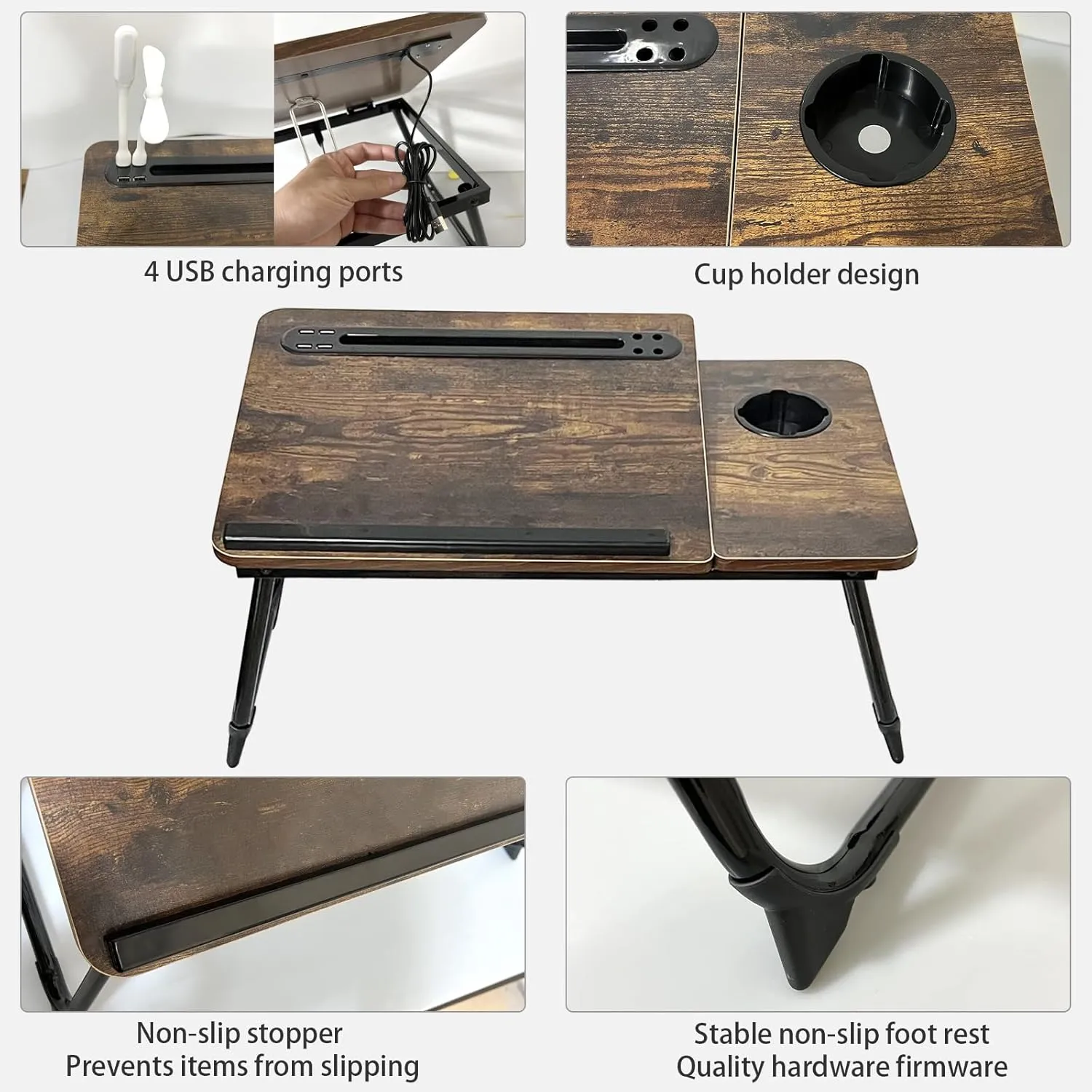 Laptop Desk for Bed, Laptops Bed Tray Desk with 5 Different Angles, Foldable Laptop Bed Table with USB Charge Port and Cup Holder for Writing Working (Rustic Brown)