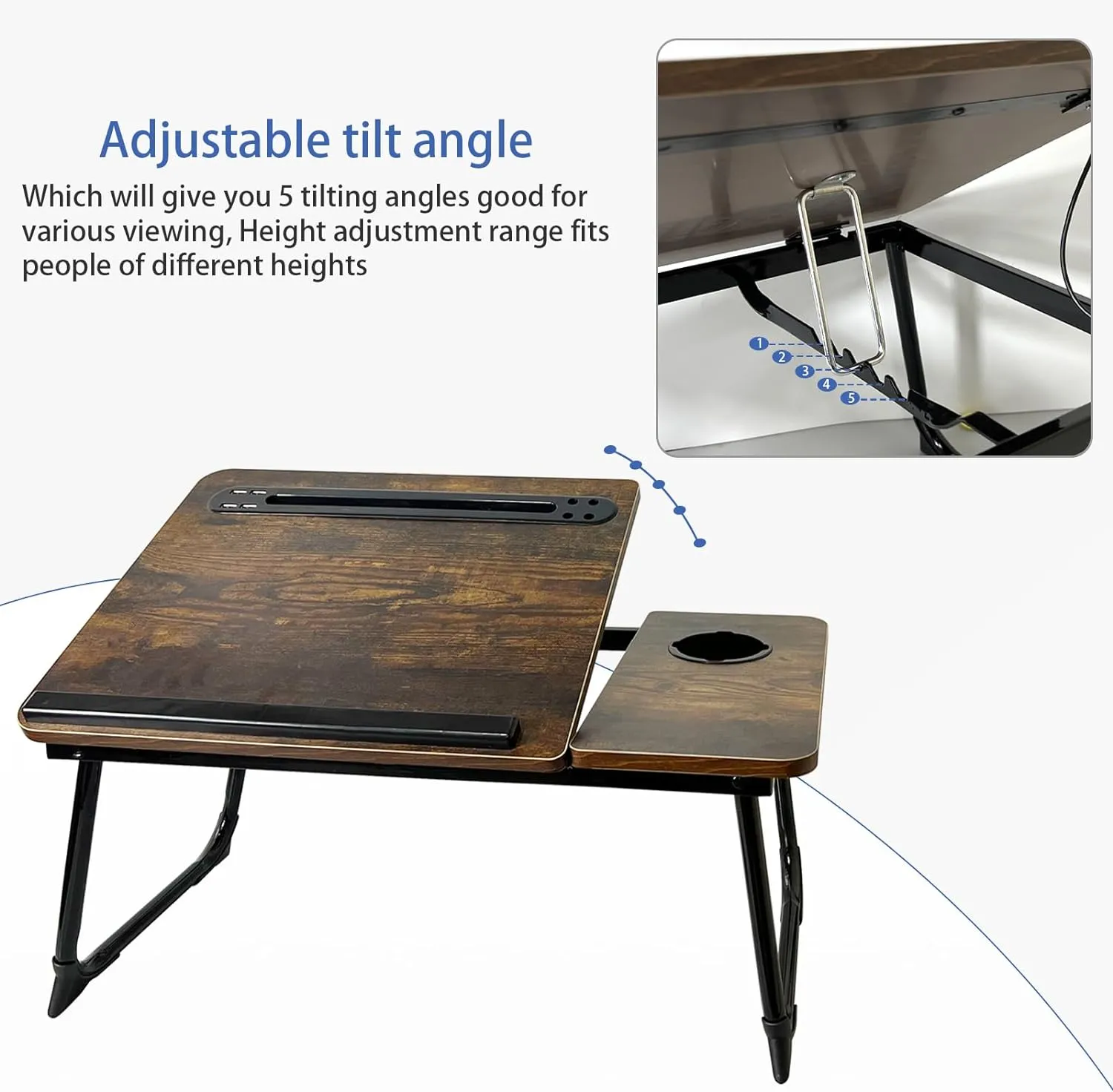 Laptop Desk for Bed, Laptops Bed Tray Desk with 5 Different Angles, Foldable Laptop Bed Table with USB Charge Port and Cup Holder for Writing Working (Rustic Brown)