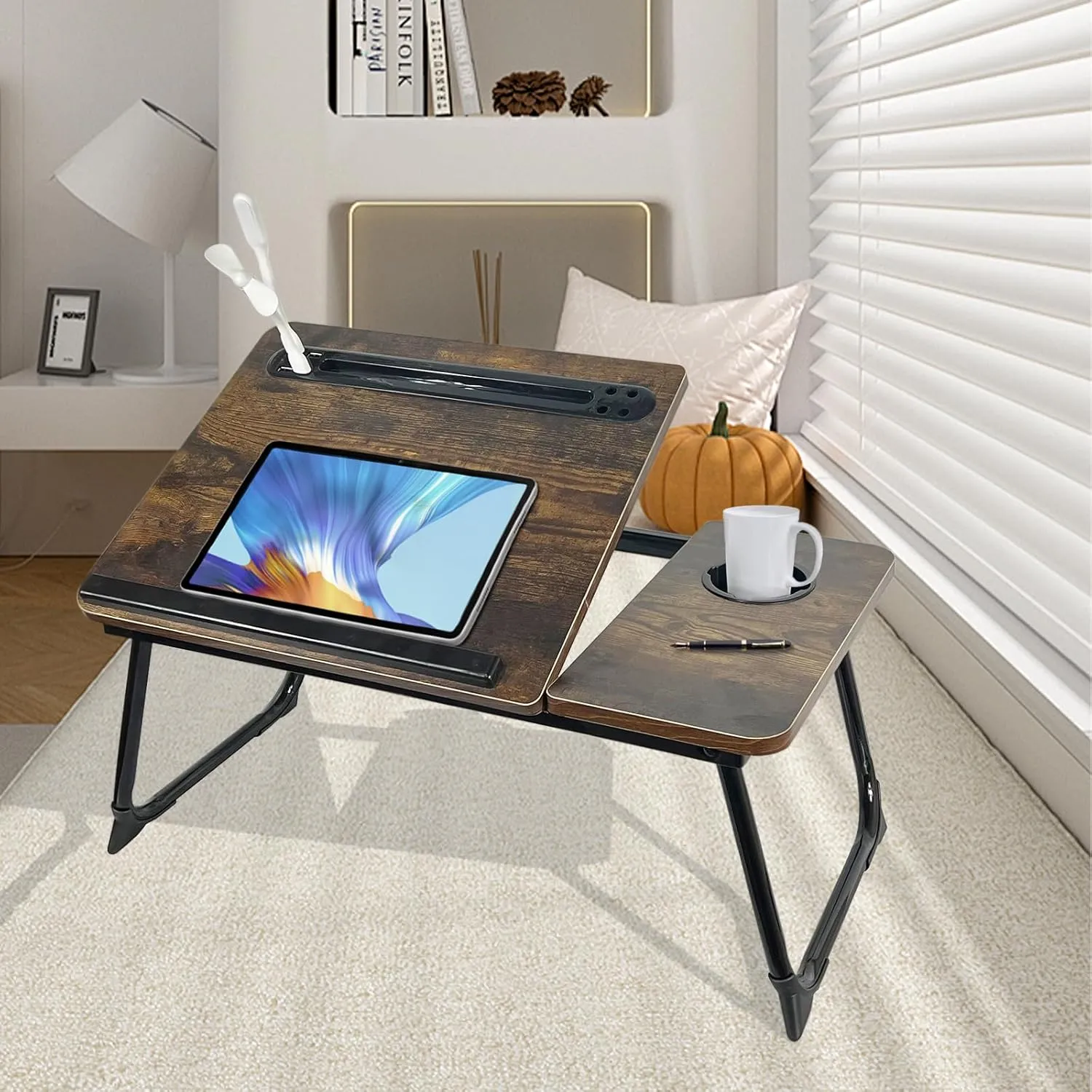 Laptop Desk for Bed, Laptops Bed Tray Desk with 5 Different Angles, Foldable Laptop Bed Table with USB Charge Port and Cup Holder for Writing Working (Rustic Brown)