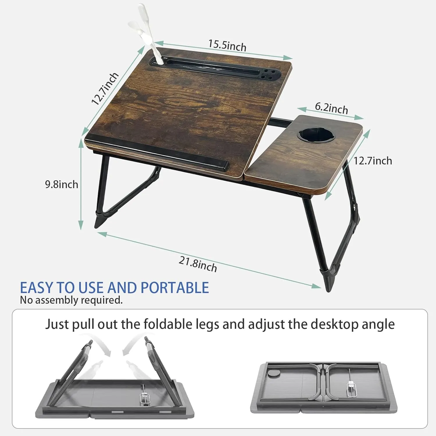 Laptop Desk for Bed, Laptops Bed Tray Desk with 5 Different Angles, Foldable Laptop Bed Table with USB Charge Port and Cup Holder for Writing Working (Rustic Brown)