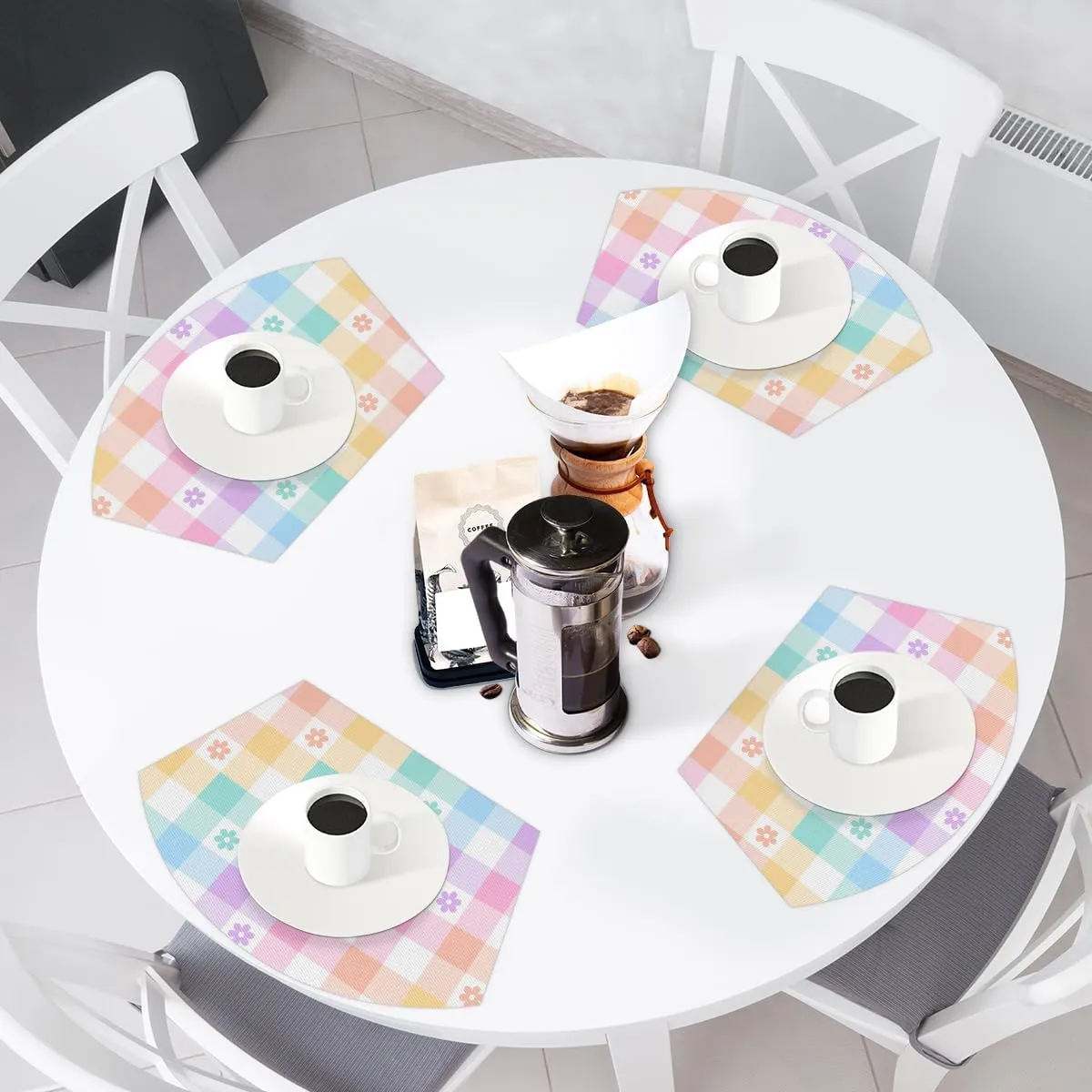 Lattice Coloring PVC Placemats for Round Table Set of 4 with Round Centerpiece Mat, Colorful Plaid Spring Flower Wedge Table Mat Washable Heat Resistant Dining Table Mat for Kitchen Christmas Party