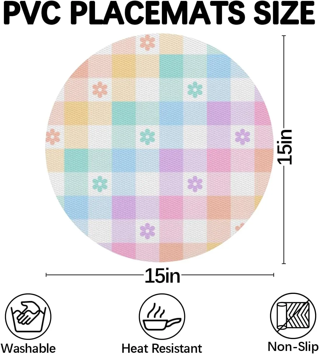 Lattice Coloring PVC Placemats for Round Table Set of 4 with Round Centerpiece Mat, Colorful Plaid Spring Flower Wedge Table Mat Washable Heat Resistant Dining Table Mat for Kitchen Christmas Party
