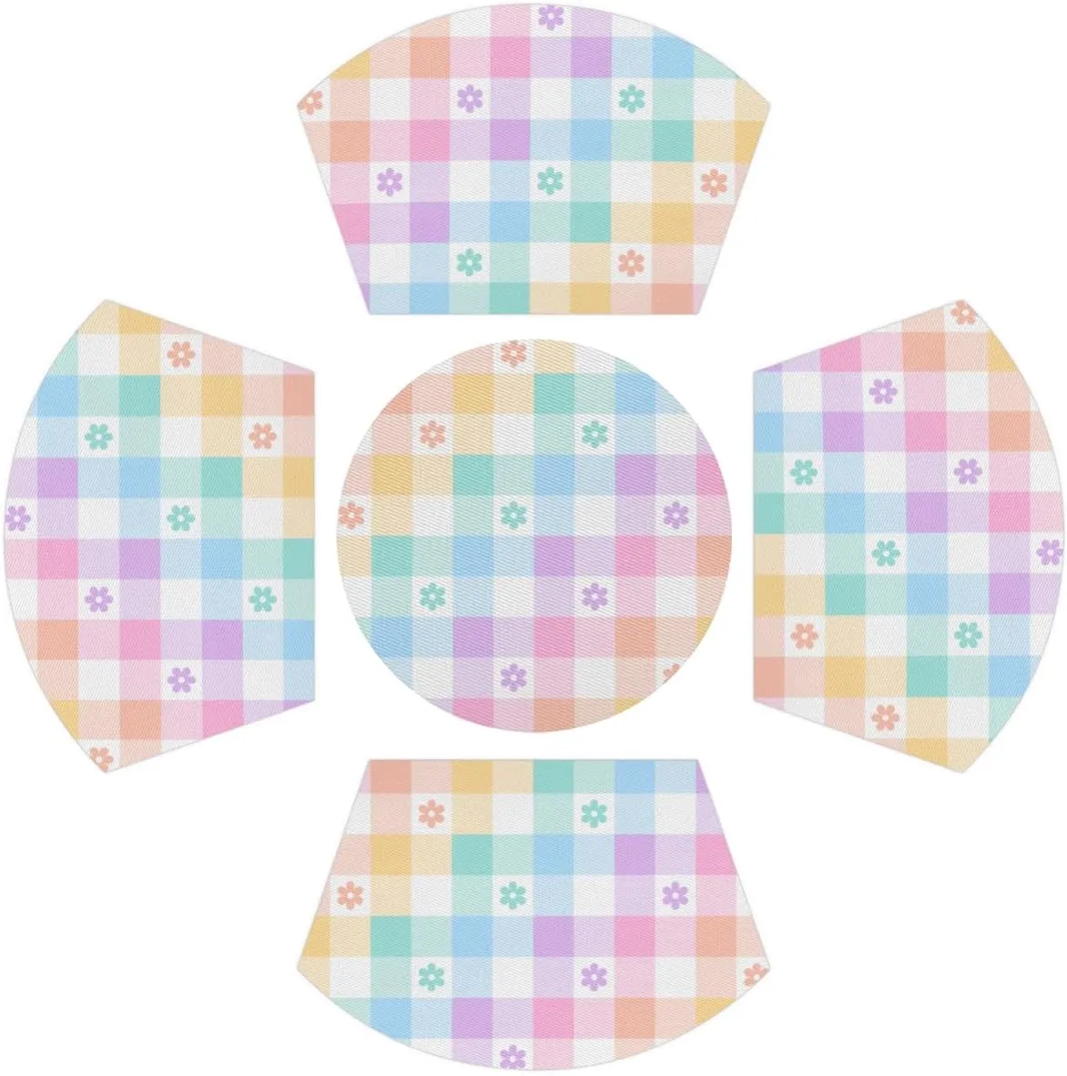Lattice Coloring PVC Placemats for Round Table Set of 4 with Round Centerpiece Mat, Colorful Plaid Spring Flower Wedge Table Mat Washable Heat Resistant Dining Table Mat for Kitchen Christmas Party