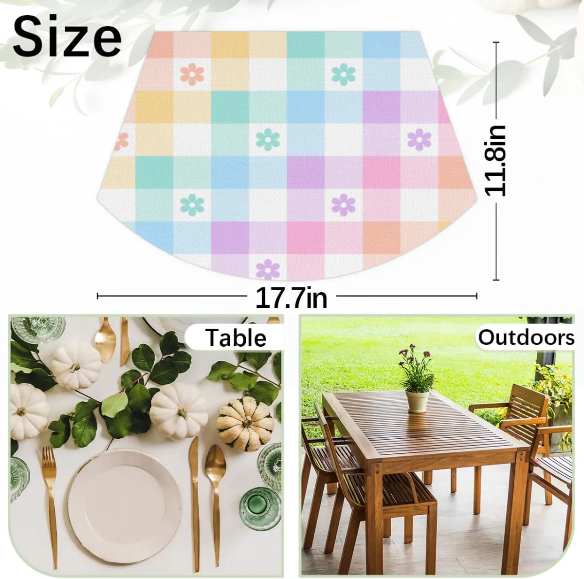 Lattice Coloring PVC Placemats for Round Table Set of 4 with Round Centerpiece Mat, Colorful Plaid Spring Flower Wedge Table Mat Washable Heat Resistant Dining Table Mat for Kitchen Christmas Party