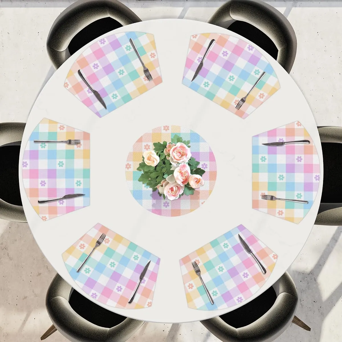 Lattice Coloring PVC Placemats for Round Table Set of 4 with Round Centerpiece Mat, Colorful Plaid Spring Flower Wedge Table Mat Washable Heat Resistant Dining Table Mat for Kitchen Christmas Party