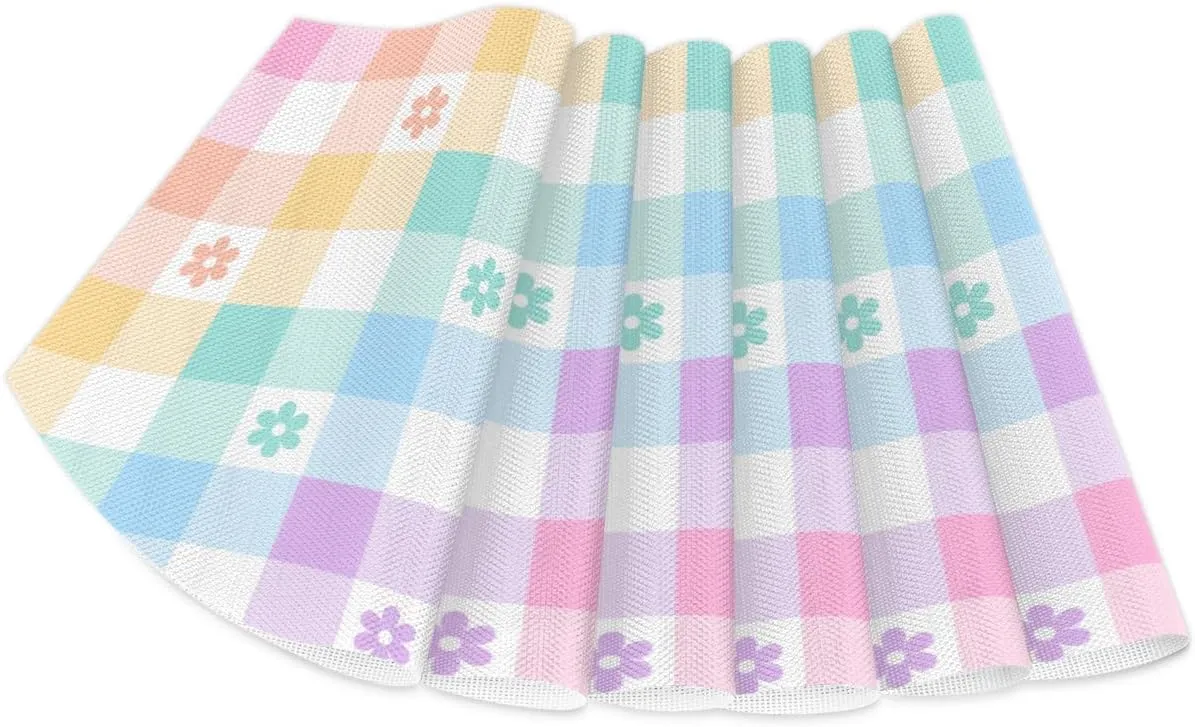 Lattice Coloring PVC Placemats for Round Table Set of 4 with Round Centerpiece Mat, Colorful Plaid Spring Flower Wedge Table Mat Washable Heat Resistant Dining Table Mat for Kitchen Christmas Party