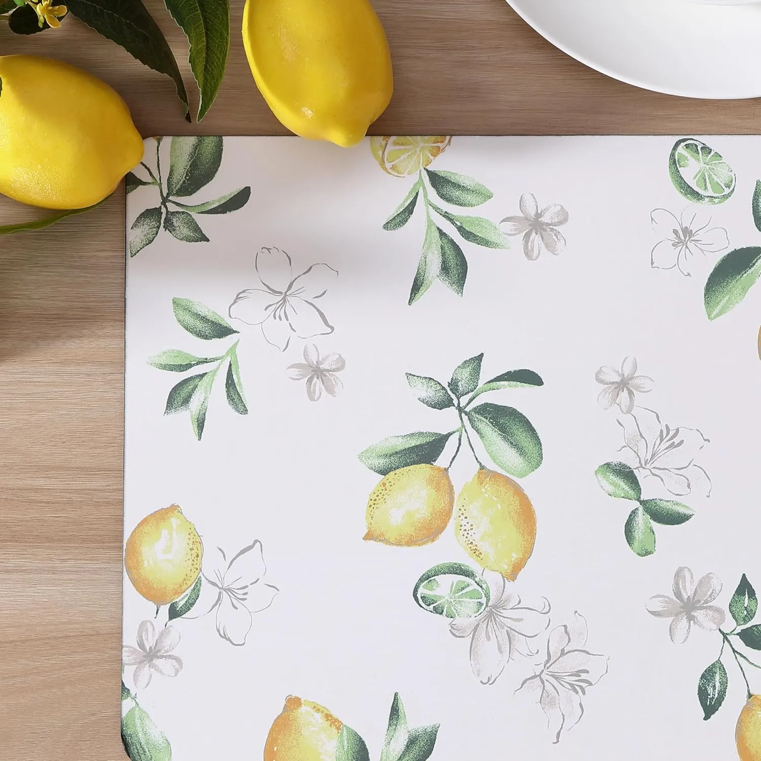 Laura Ashley Cork Placemats 16 x 12-inch for Kitchen and Dining Tables, Heat Resistant, Durable, Easy Clean, Set of 4, Lemon Floral
