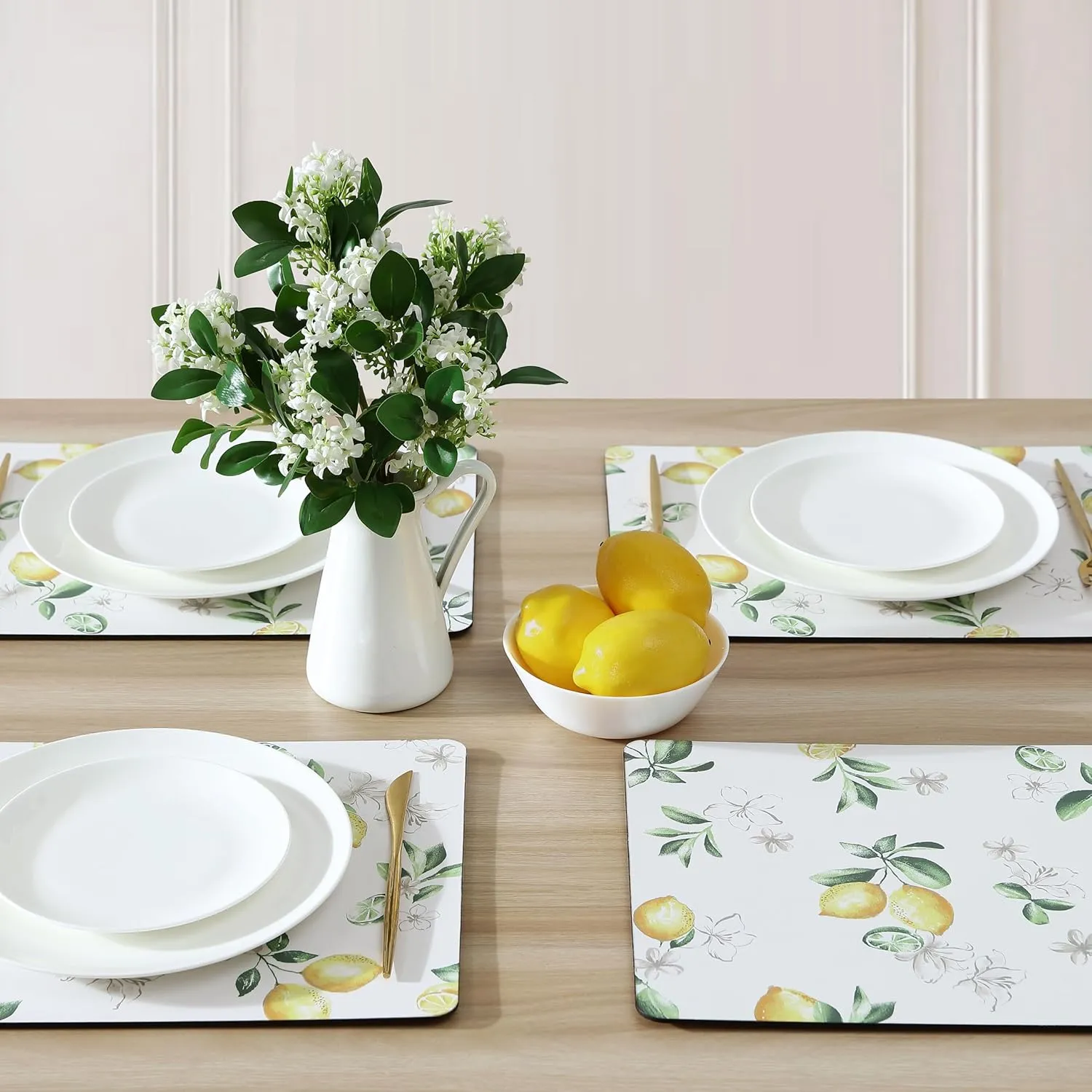 Laura Ashley Cork Placemats 16 x 12-inch for Kitchen and Dining Tables, Heat Resistant, Durable, Easy Clean, Set of 4, Lemon Floral
