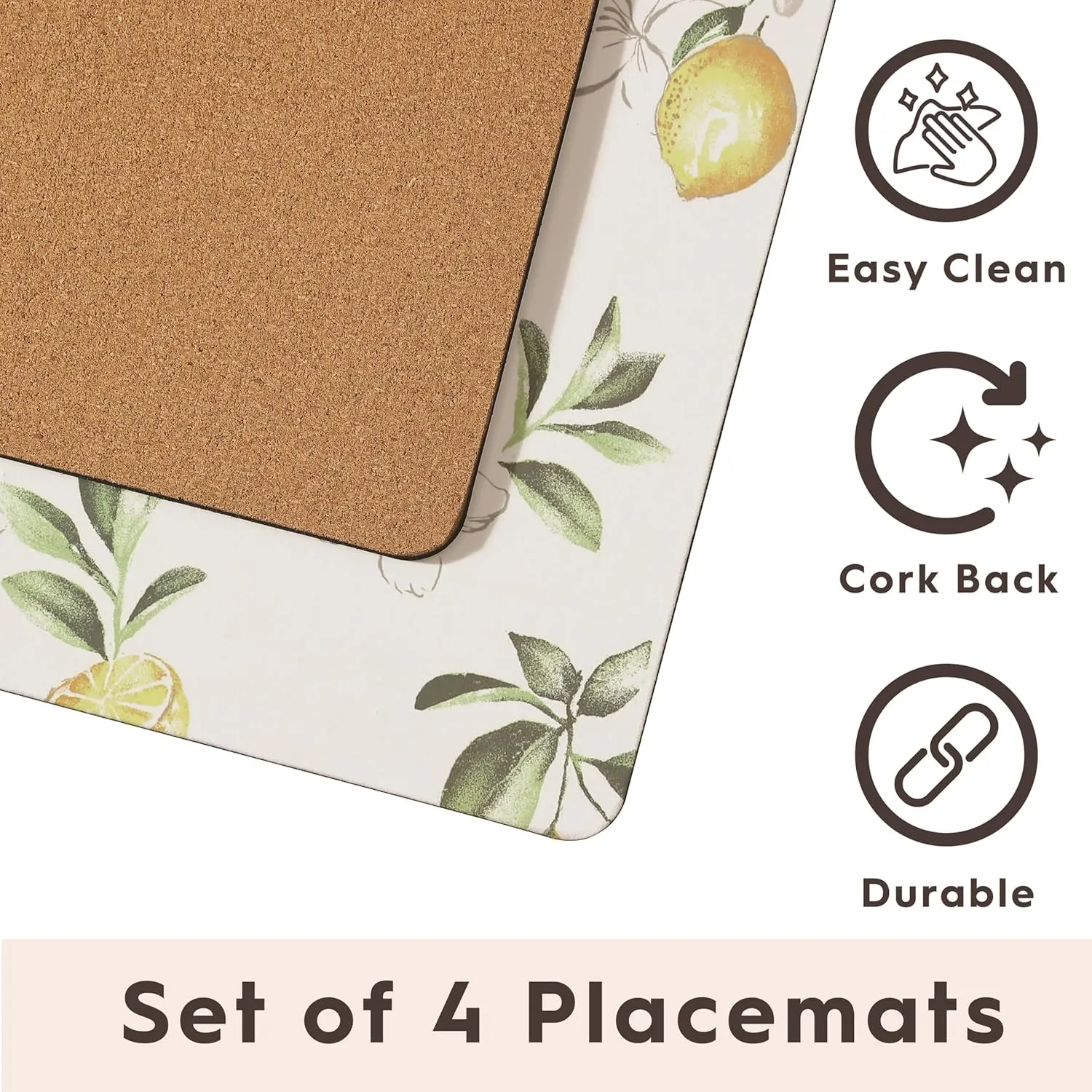 Laura Ashley Cork Placemats 16 x 12-inch for Kitchen and Dining Tables, Heat Resistant, Durable, Easy Clean, Set of 4, Lemon Floral