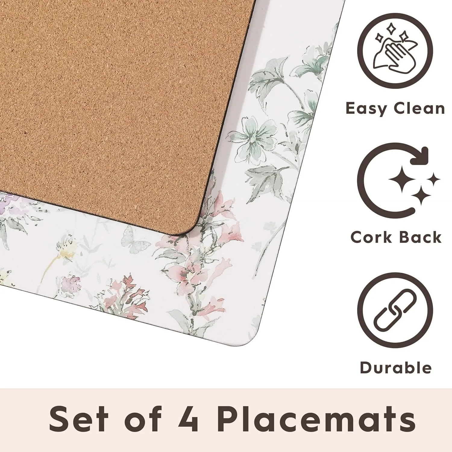Laura Ashley Cork Placemats 16 x 12-inch for Kitchen and Dining Tables, Heat Resistant, Durable, Easy Clean, Set of 4, Wild Meadow