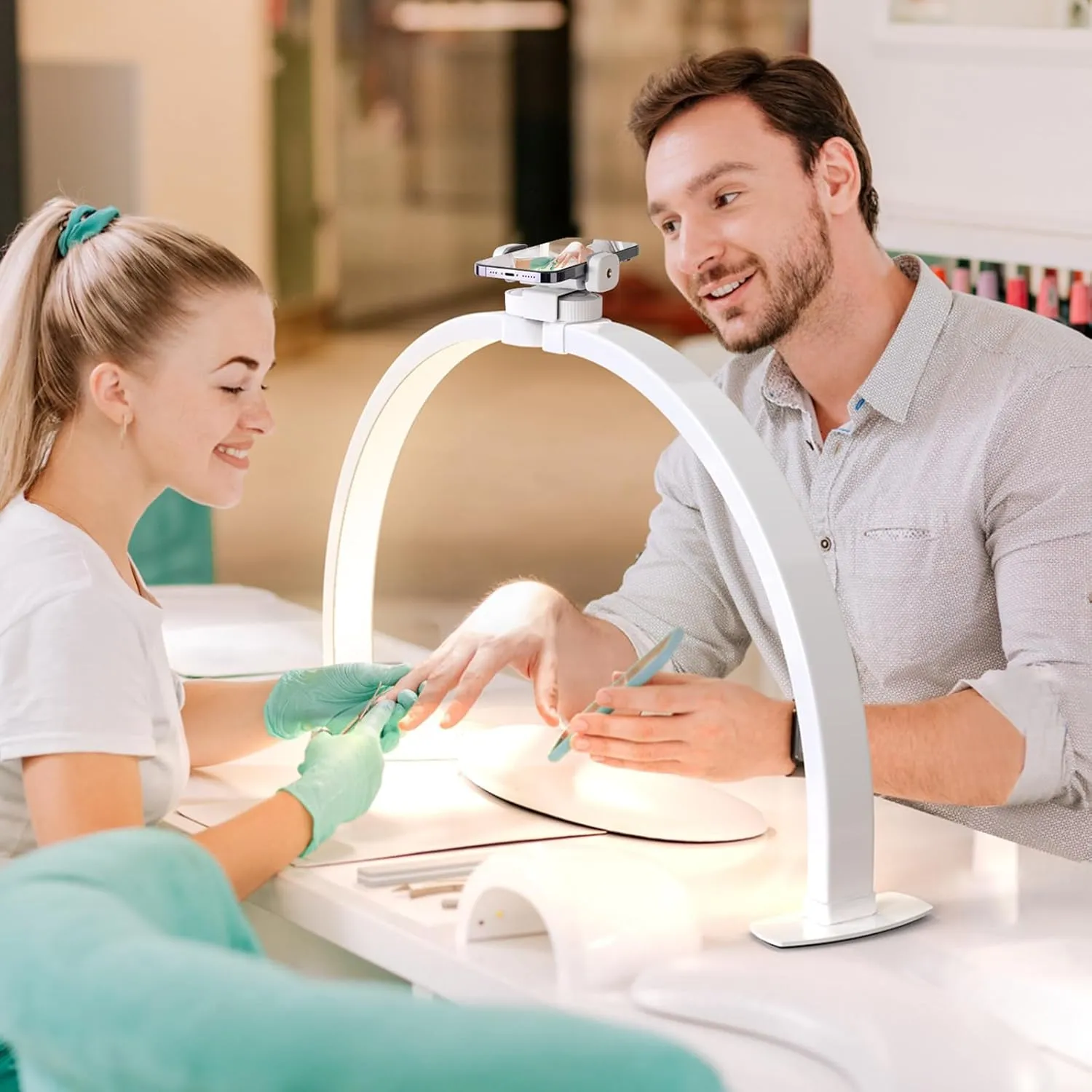 Lavinda Foldable Half Moon Light for Nail Desk - 3000-6000K Adjustable Nail Arch Lamp with Phone Stand, 29in Portable Nail Table Light for DIY, Eyelash, Tattoo & Facial Care (White)