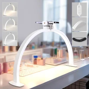 Lavinda Foldable Half Moon Light for Nail Desk - 3000-6000K Adjustable Nail Arch Lamp with Phone Stand, 29in Portable Nail Table Light for DIY, Eyelash, Tattoo & Facial Care (White)