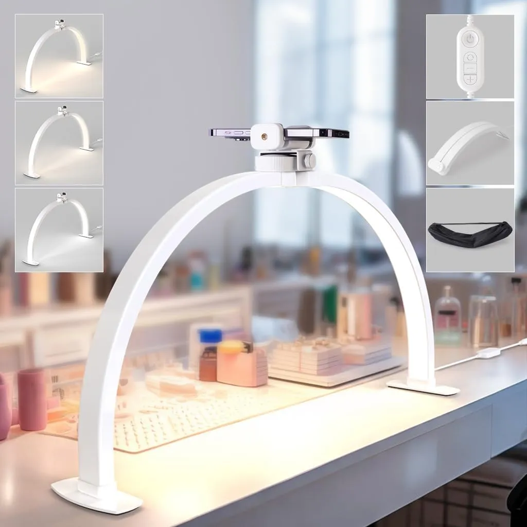 Lavinda Foldable Half Moon Light for Nail Desk - 3000-6000K Adjustable Nail Arch Lamp with Phone Stand, 29in Portable Nail Table Light for DIY, Eyelash, Tattoo & Facial Care (White)