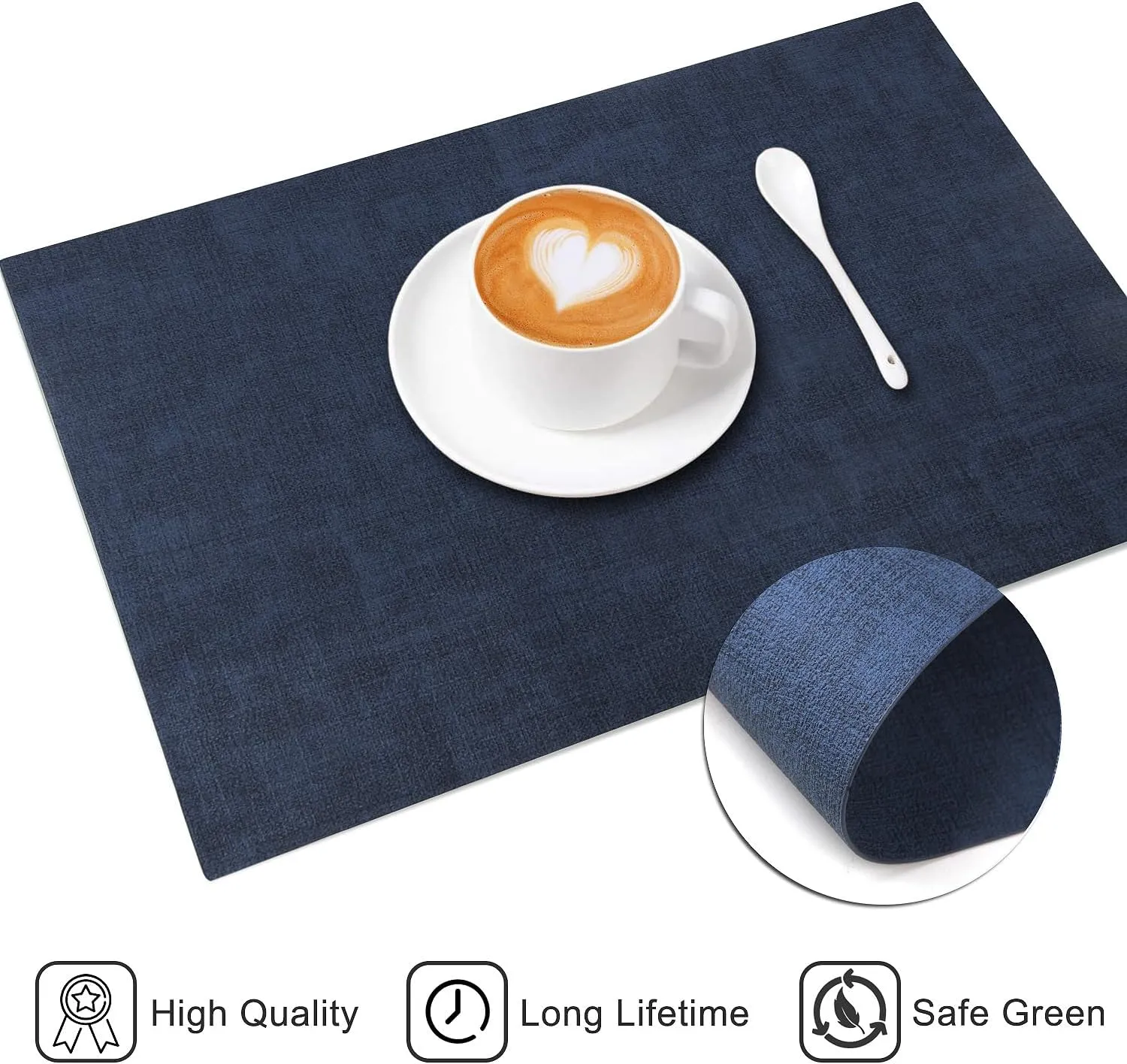 Leather Heat Resistant Placemats Set of 6 Waterproof Wipeable Washable PU Table Mats,Easy to Clean Anti-Slip Place Mats (Navy Blue, 6)