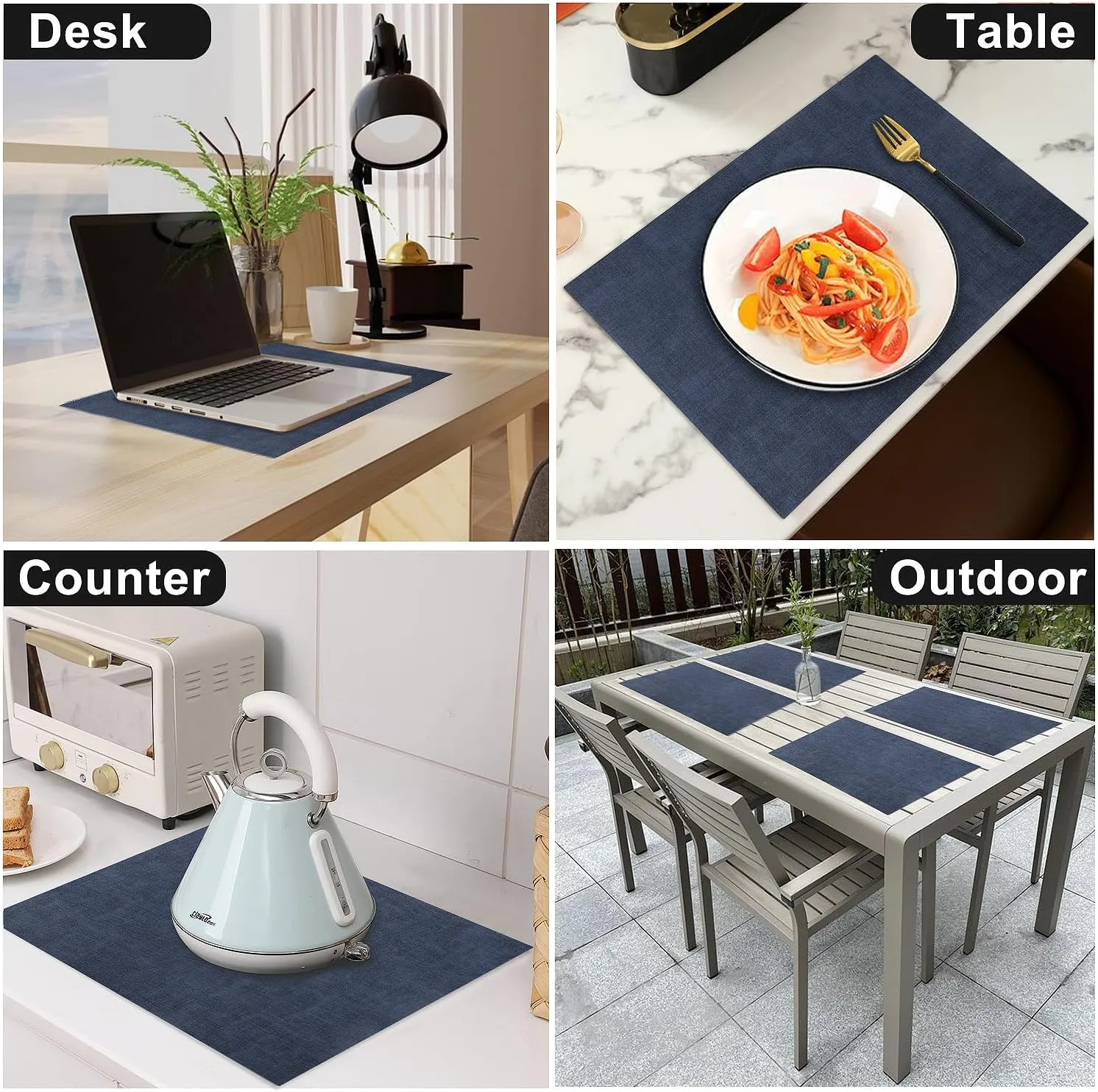 Leather Heat Resistant Placemats Set of 6 Waterproof Wipeable Washable PU Table Mats,Easy to Clean Anti-Slip Place Mats (Navy Blue, 6)