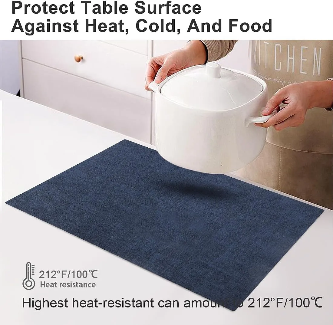 Leather Heat Resistant Placemats Set of 6 Waterproof Wipeable Washable PU Table Mats,Easy to Clean Anti-Slip Place Mats (Navy Blue, 6)