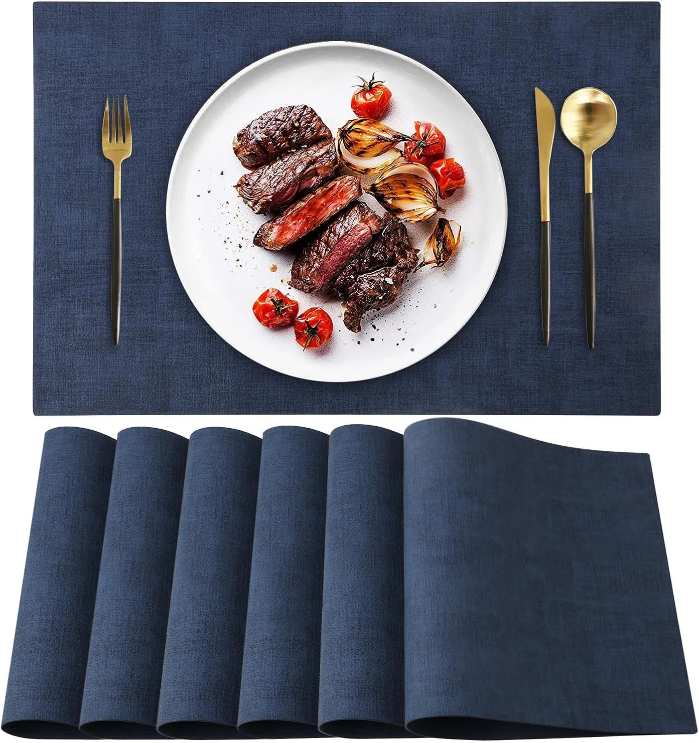 Leather Heat Resistant Placemats Set of 6 Waterproof Wipeable Washable PU Table Mats,Easy to Clean Anti-Slip Place Mats (Navy Blue, 6)