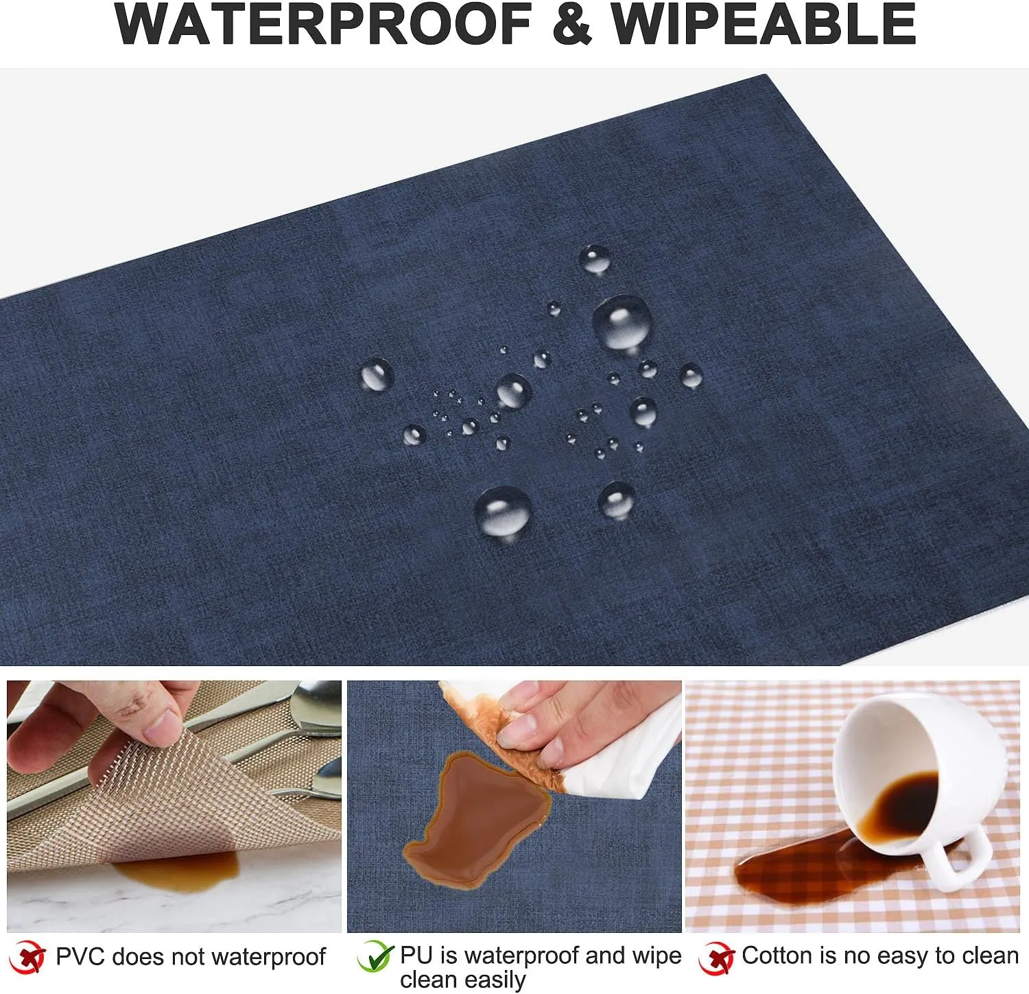 Leather Heat Resistant Placemats Set of 6 Waterproof Wipeable Washable PU Table Mats,Easy to Clean Anti-Slip Place Mats (Navy Blue, 6)